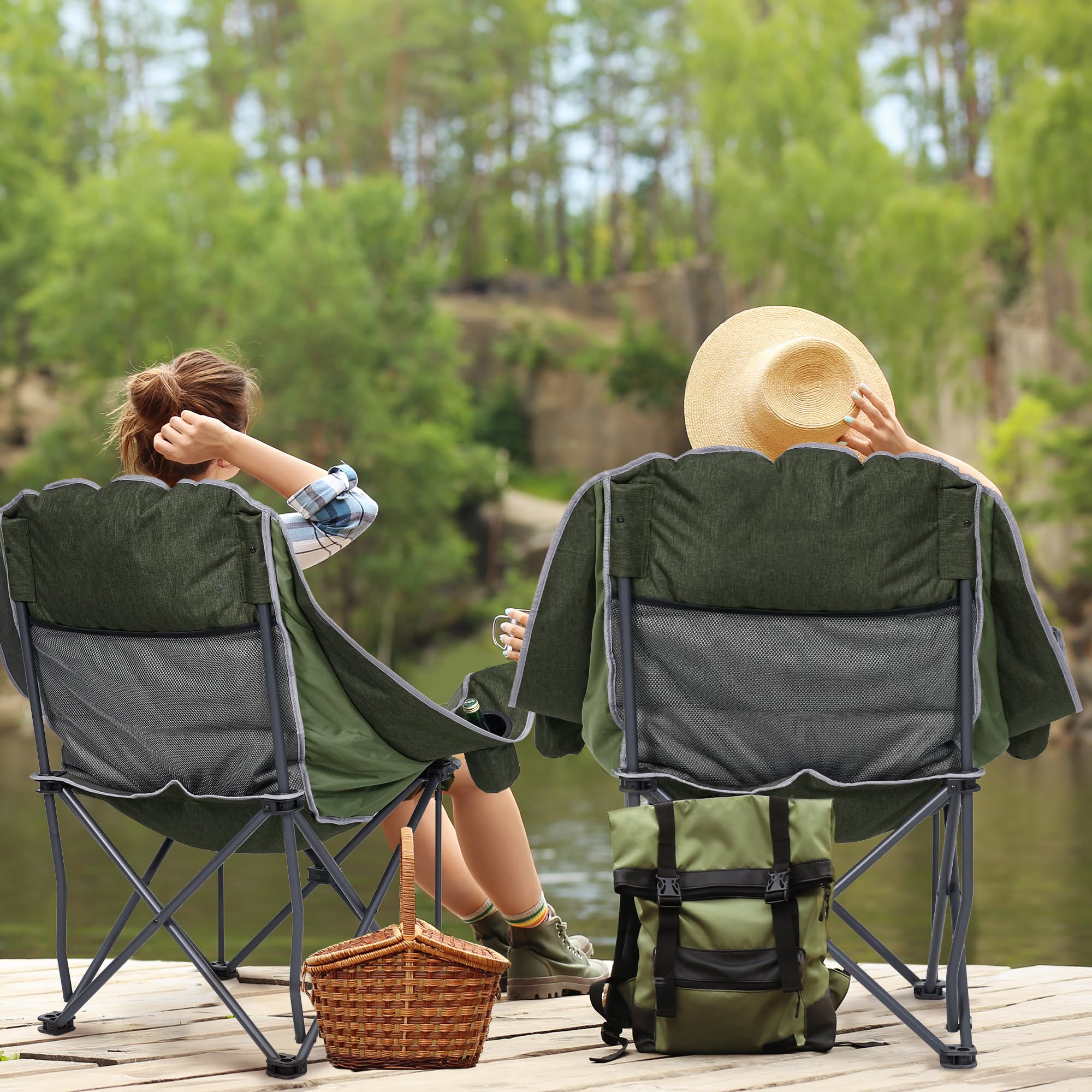 Double Camping Chair Heavy Duty Oversized Padded Loveseat for Adults 2 Person Outdoor Portable Camping Chairs for Lawn, Backyard, Fishing, Trip, Support 600lbs, Grey