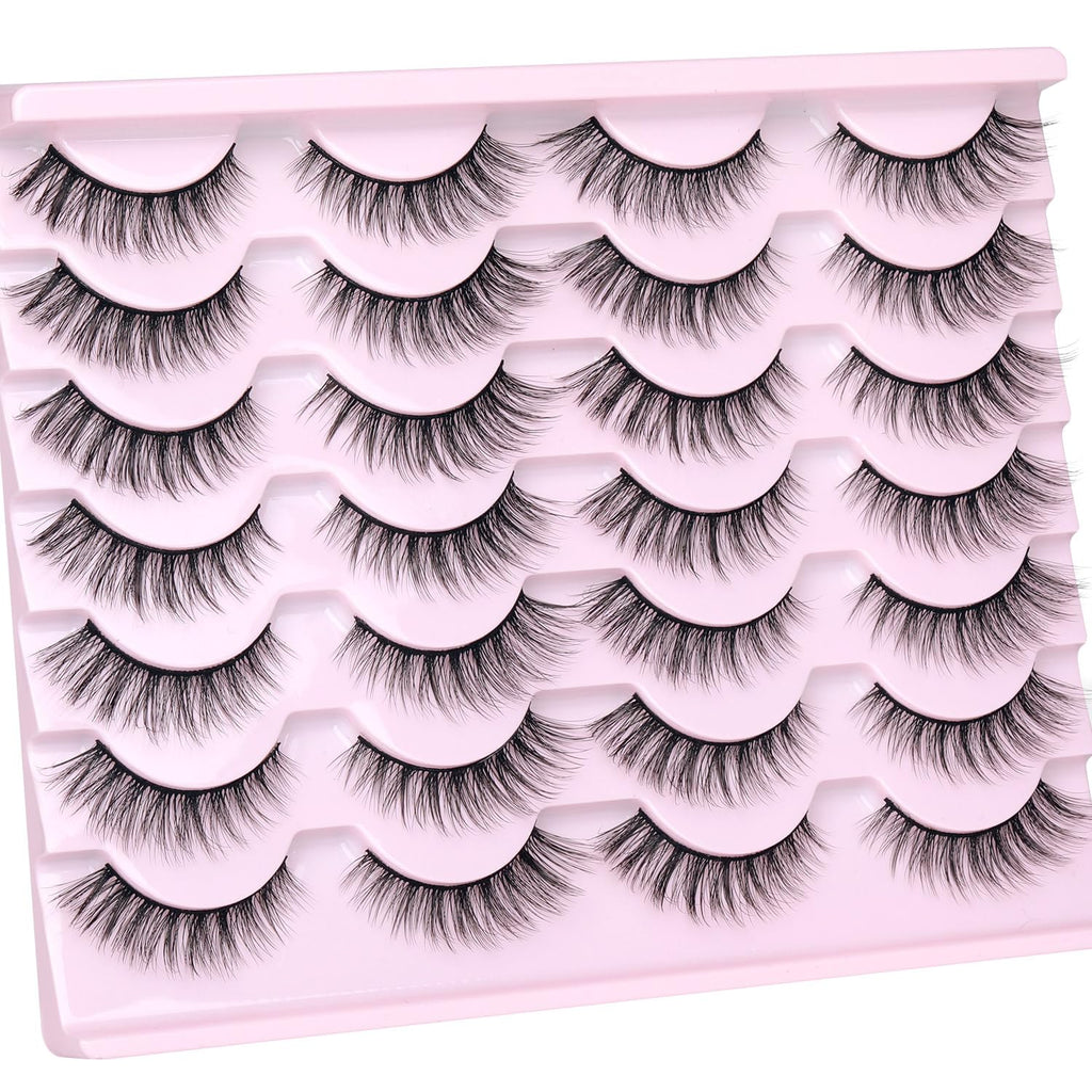 False Lashes Natural Look Wispy Eyelashes Manga Korean Spiky 16mm Short Faux Mink Eyelashes Cat Eye Natural Fake Eyelashes Strip Lashes Pack 14 Pairs