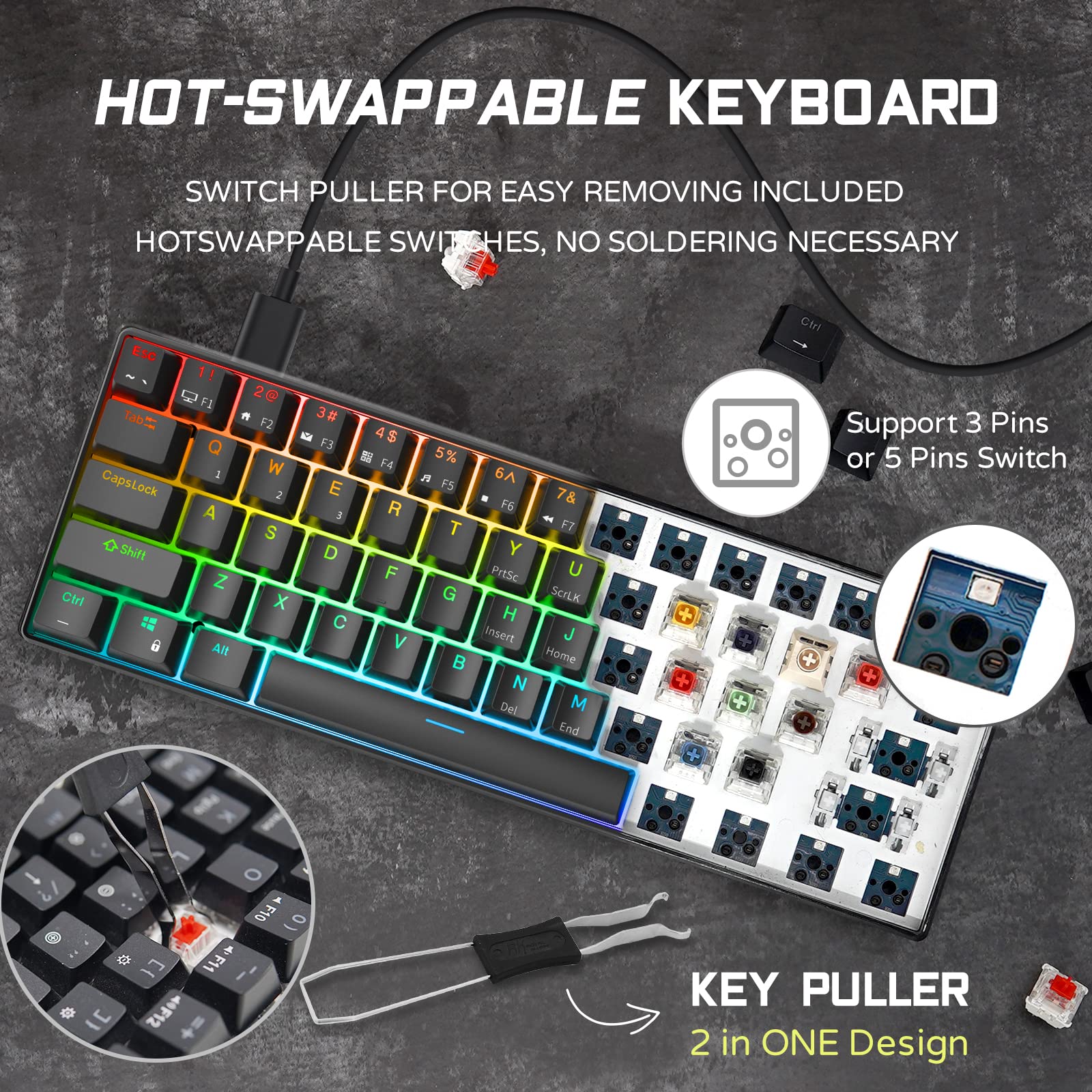 RK ROYAL KLUDGE RK61 Wired 60% Mechanical Gaming Keyboard Programmable QMK/VIA RGB Backlit 61 Keys Ultra-Compact Hot Swappable Brown Switch Black