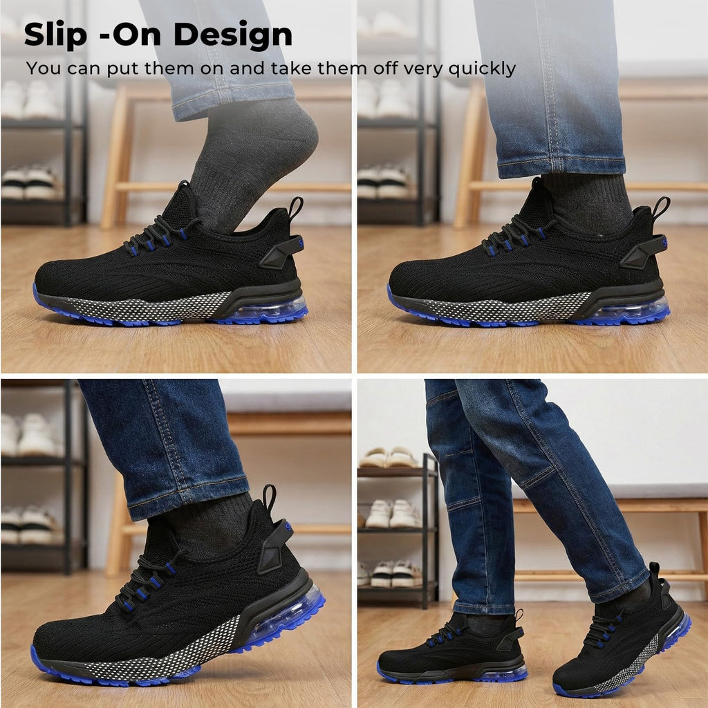 SPIEZ Composite Toe Shoes for Men Women, Lightweight Breathable Non Steel Toe Safety Shoes, Puncture Proof Slip Resistant Work Sneakers for Construction,Warehouse,Black Blue/Black Yellow