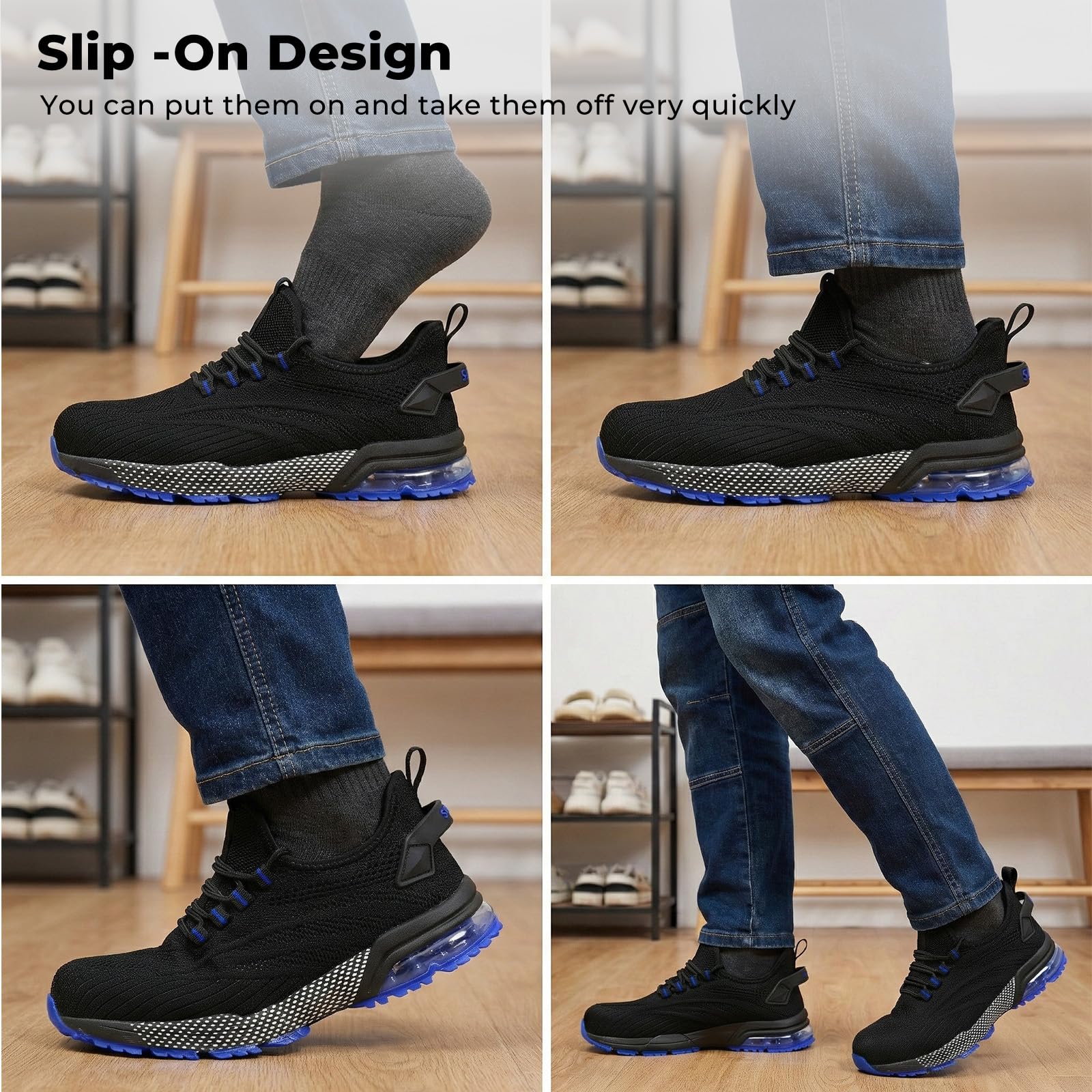 SPIEZ Composite Toe Shoes for Men Women, Lightweight Breathable Non Steel Toe Safety Shoes, Puncture Proof Slip Resistant Work Sneakers for Construction,Warehouse,Black Blue/Black Yellow