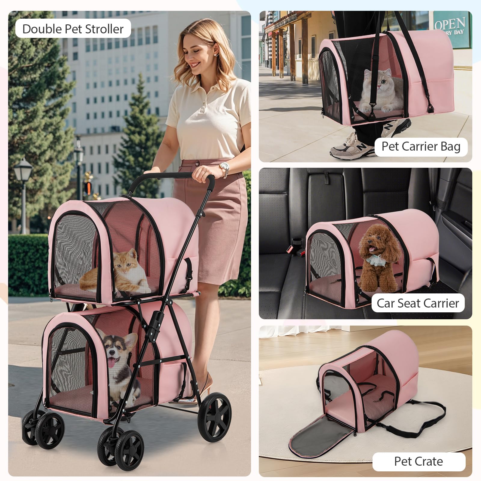 Giantex Double Pet Stroller with 2 Detachable Carrier Bags, Safety Belt, 4 Lockable Wheels, Folding Cat & Dog Stroller for Small Medium Pets, Cats Dogs Puppy Travel Strolling Cart (Beige)