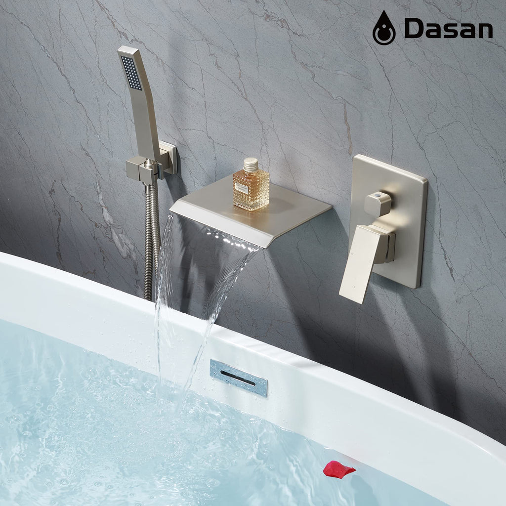 Upgraded Wall Mount Tub Filler Faucet with Handheld Shower, DASAN Modern Wall Mounted Bathtub Faucet Brushed Gold High Flow Waterfall Tub Faucet with Rough in Valve, SA-TF04WH-BG