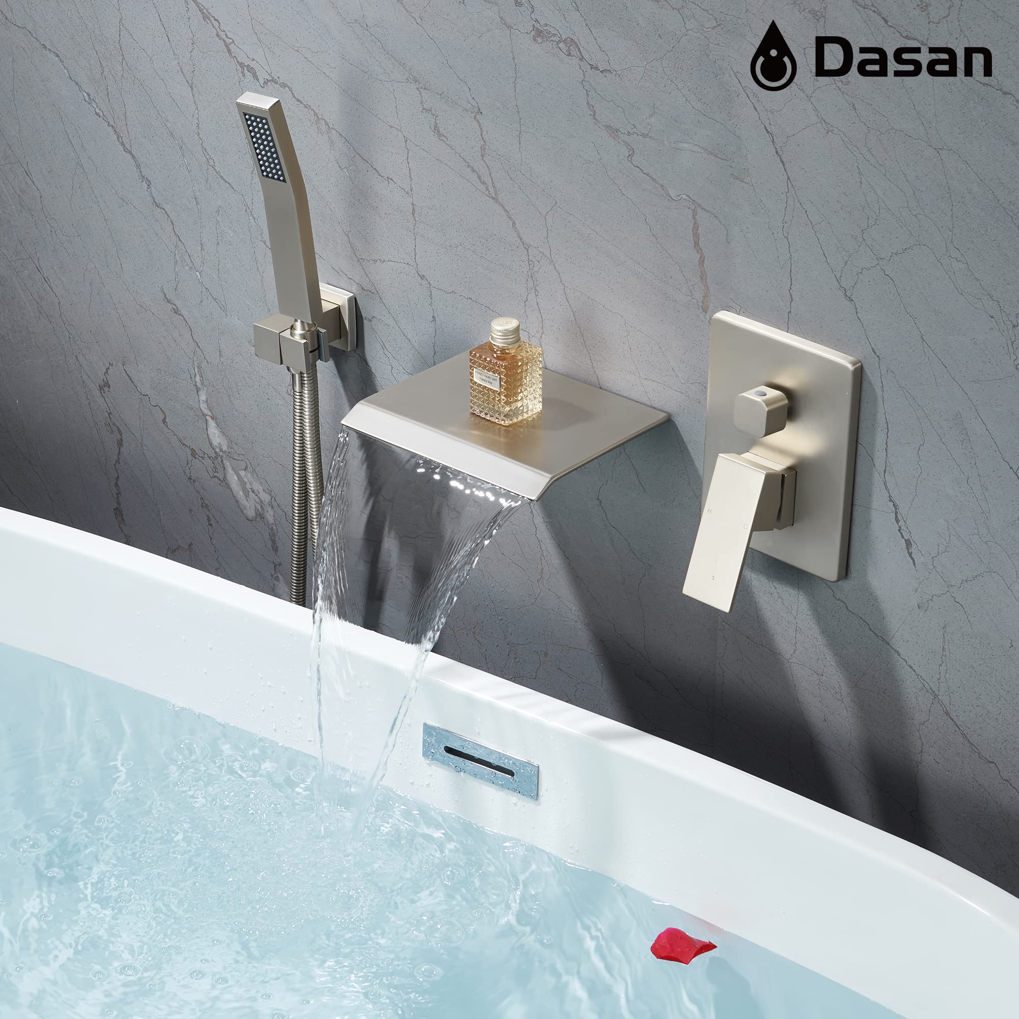 Upgraded Wall Mount Tub Filler Faucet with Handheld Shower, DASAN Modern Wall Mounted Bathtub Faucet Brushed Gold High Flow Waterfall Tub Faucet with Rough in Valve, SA-TF04WH-BG