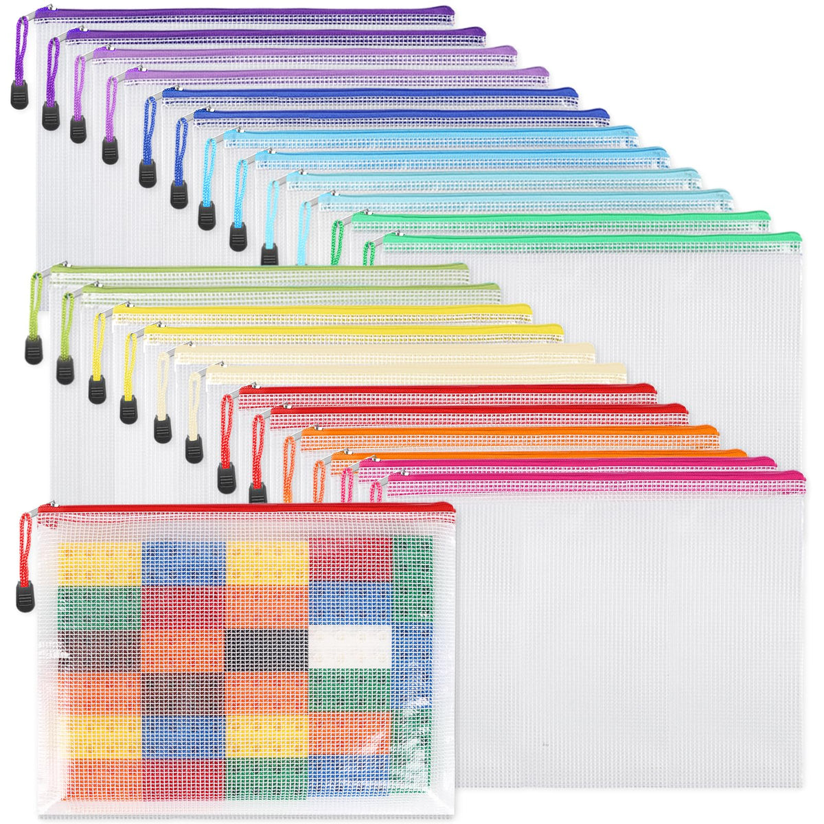 EOOUT 24pcs Mesh Zipper Pouch Bags A3 Extra Large Document Bag with Label Pocket, 16.9x12 Inches, Plastic Zip File Folders, Puzzles, Board Game Storage for Organizing Office Home