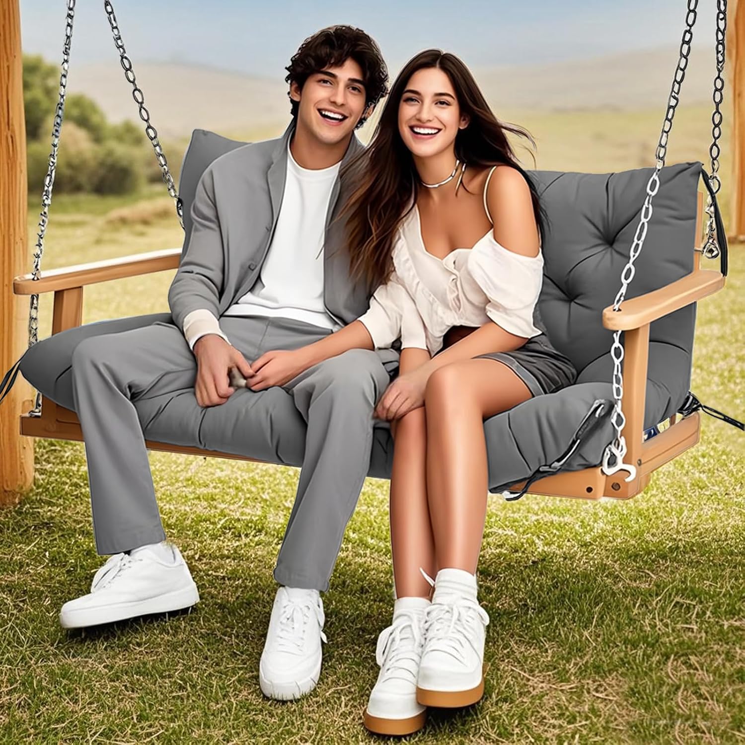 Porch Swing Cushions +Towel, 5" Thick Waterproof Swing Cushions for Outdoor Furniture,3 Seat Swing Cushion Replacement for Patio Swing,Outdoor Swing,Garden Bench