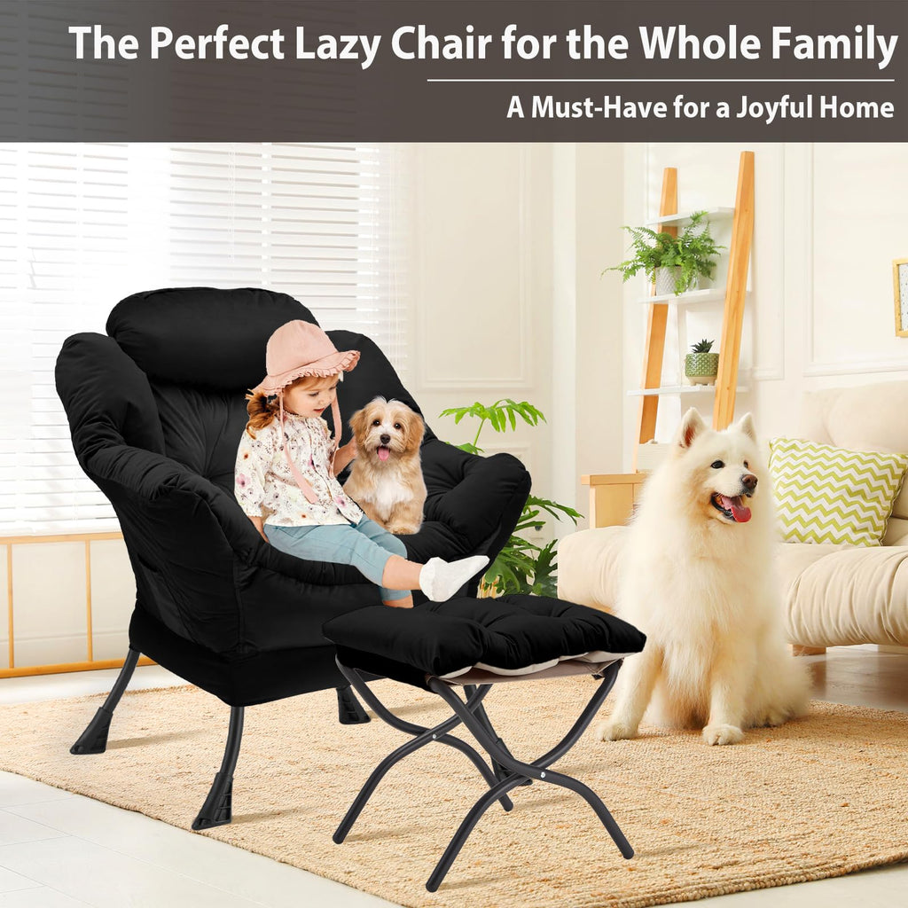 Youtanic Lazy Chair with Folding Ottoman, Accent Chair Velvet Upholstered with Metal Structure and Non-Slip Pads, Sofa Armchair with Footrest and Side Storage Bag for Dorm, Room, Office, Beige