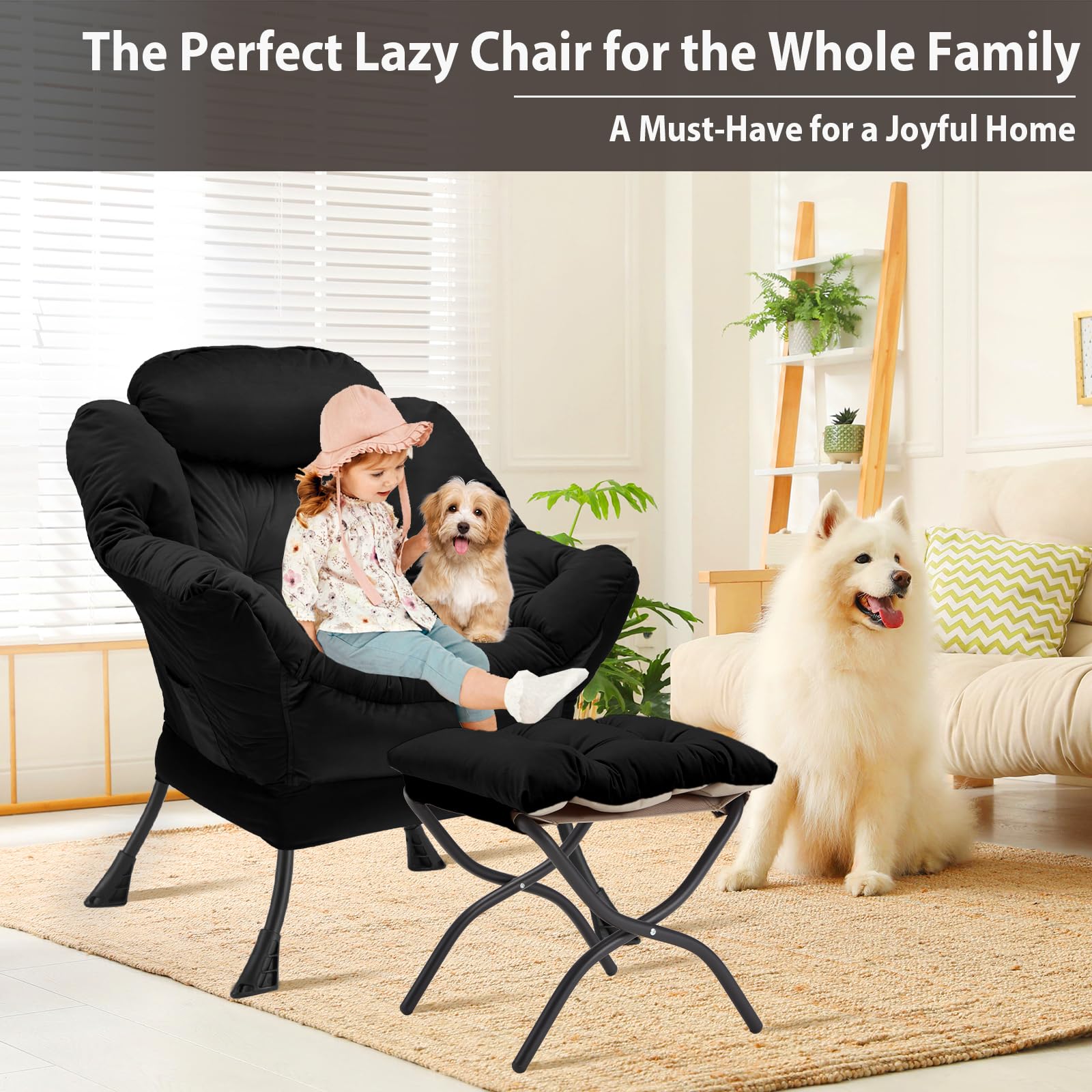 Youtanic Lazy Chair with Folding Ottoman, Accent Chair Velvet Upholstered with Metal Structure and Non-Slip Pads, Sofa Armchair with Footrest and Side Storage Bag for Dorm, Room, Office, Beige