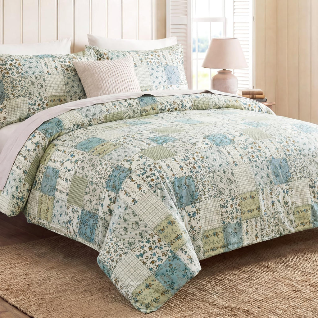 100% Natural Cotton Comforter Set Queen 3 Pcs Grayish Blue Bedding Sets with Luxurious Damask Pattern, Reversible Breathable Soft Comforter Sets for All Season