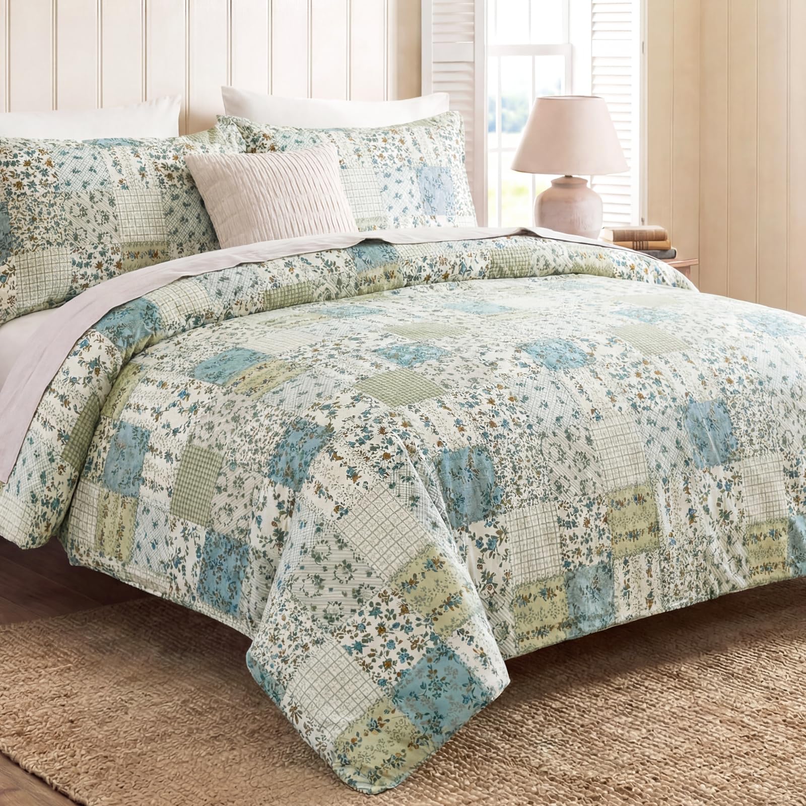 100% Natural Cotton Comforter Set Queen 3 Pcs Grayish Blue Bedding Sets with Luxurious Damask Pattern, Reversible Breathable Soft Comforter Sets for All Season