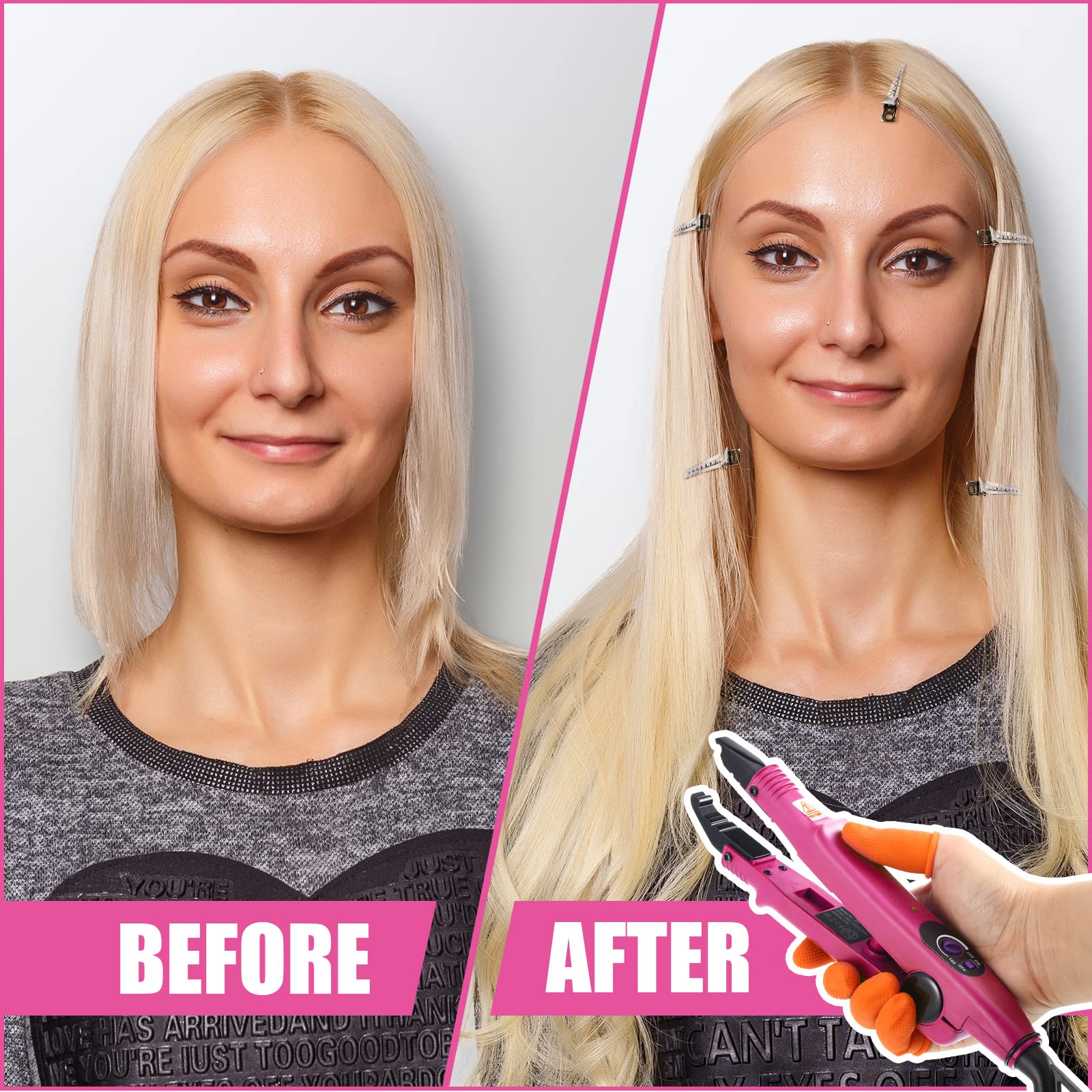 Hair Extensions Iron Fusion Keratin Hair Extensions Heat Tool Heat Connector Wand with Fusion Glue Protector Template Hair Clip Finger Protector 2 Bag Keratin Glue Granule Bead(Black)