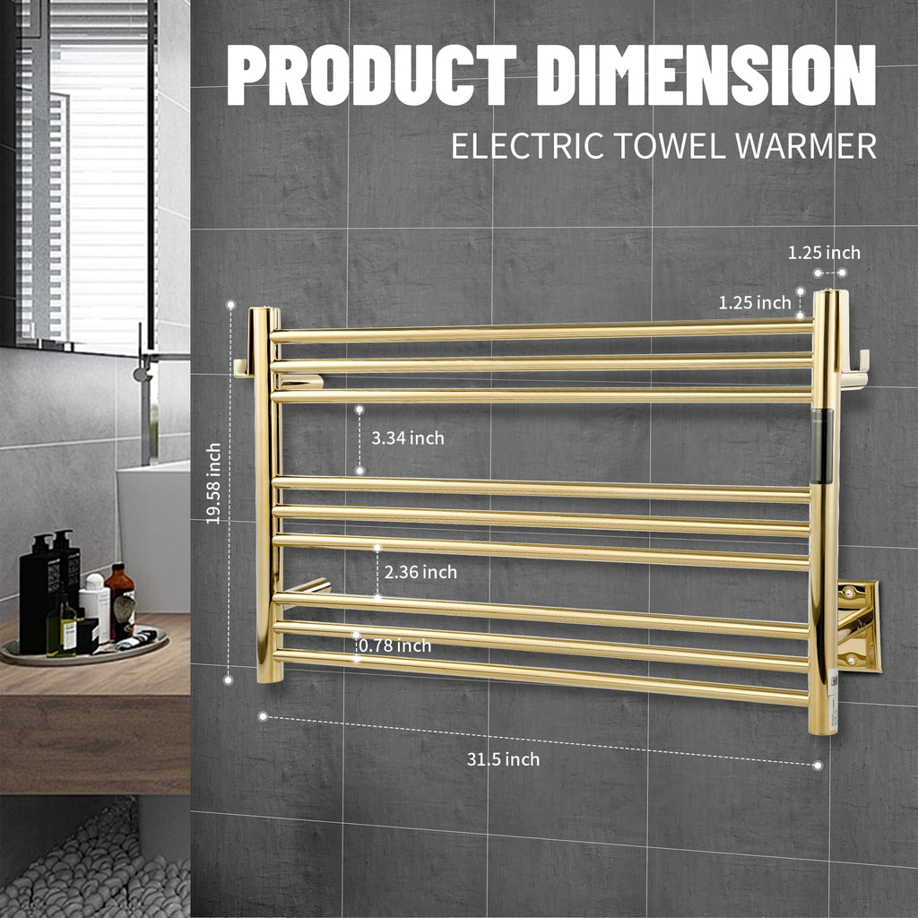 K&KALONZO Wall-Mounted 9-Bar Heated Towel Rack, Fast Heat in 2 Min, NTC Safety | 4 Timers & 3 Heat Levels Control, Plug-In/Hardwired, Top Hooks, Memory Function, Anti-Scald, Stainless Steel, EL13ML