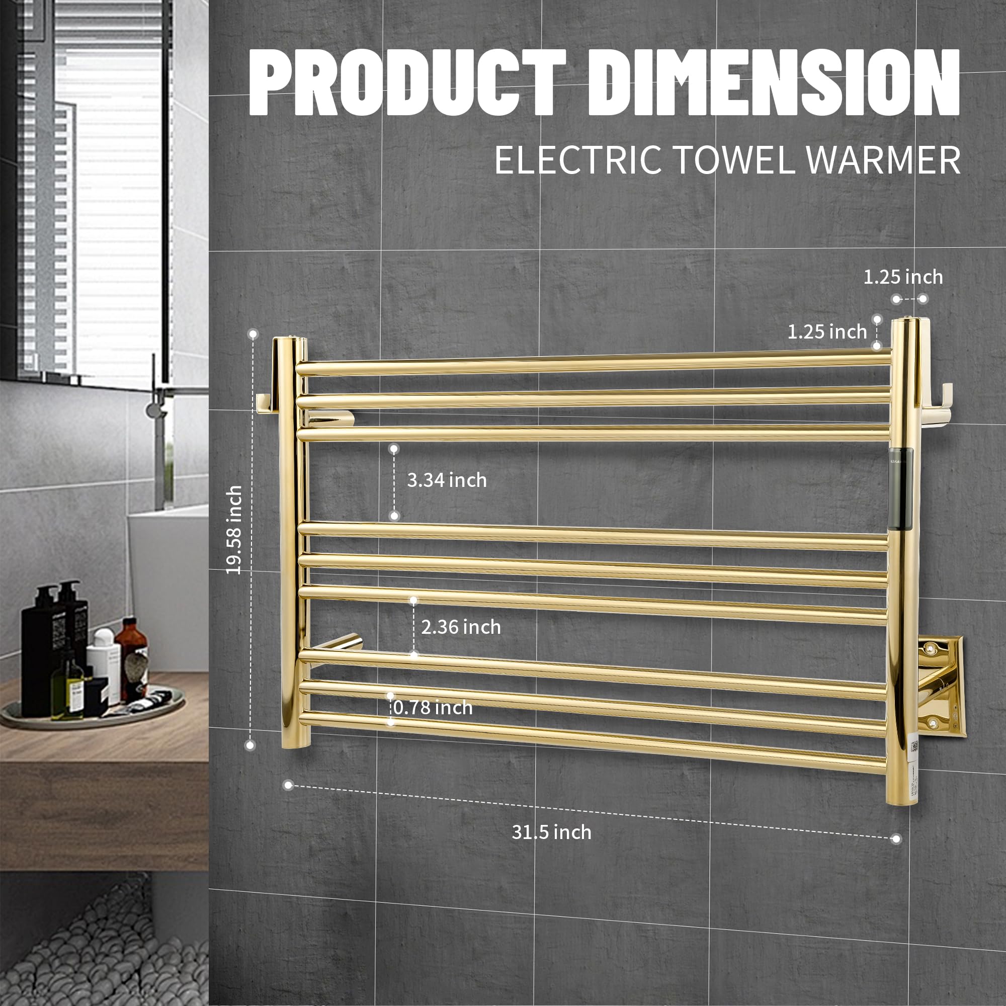 K&KALONZO Wall-Mounted 9-Bar Heated Towel Rack, Fast Heat in 2 Min, NTC Safety | 4 Timers & 3 Heat Levels Control, Plug-In/Hardwired, Top Hooks, Memory Function, Anti-Scald, Stainless Steel, EL13ML