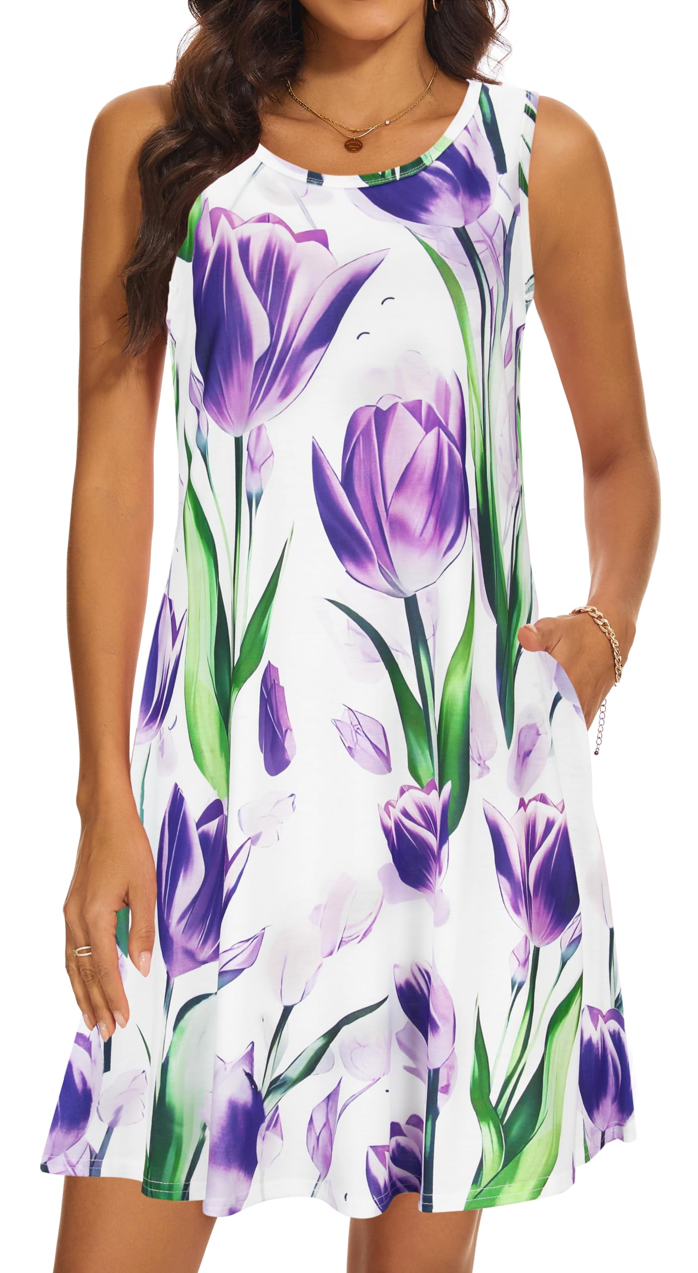 Summer Dresses for Women 2026 Casual Sundresses Beach Cover Ups Sleeveless Tshirt Swing Dress with Pockets