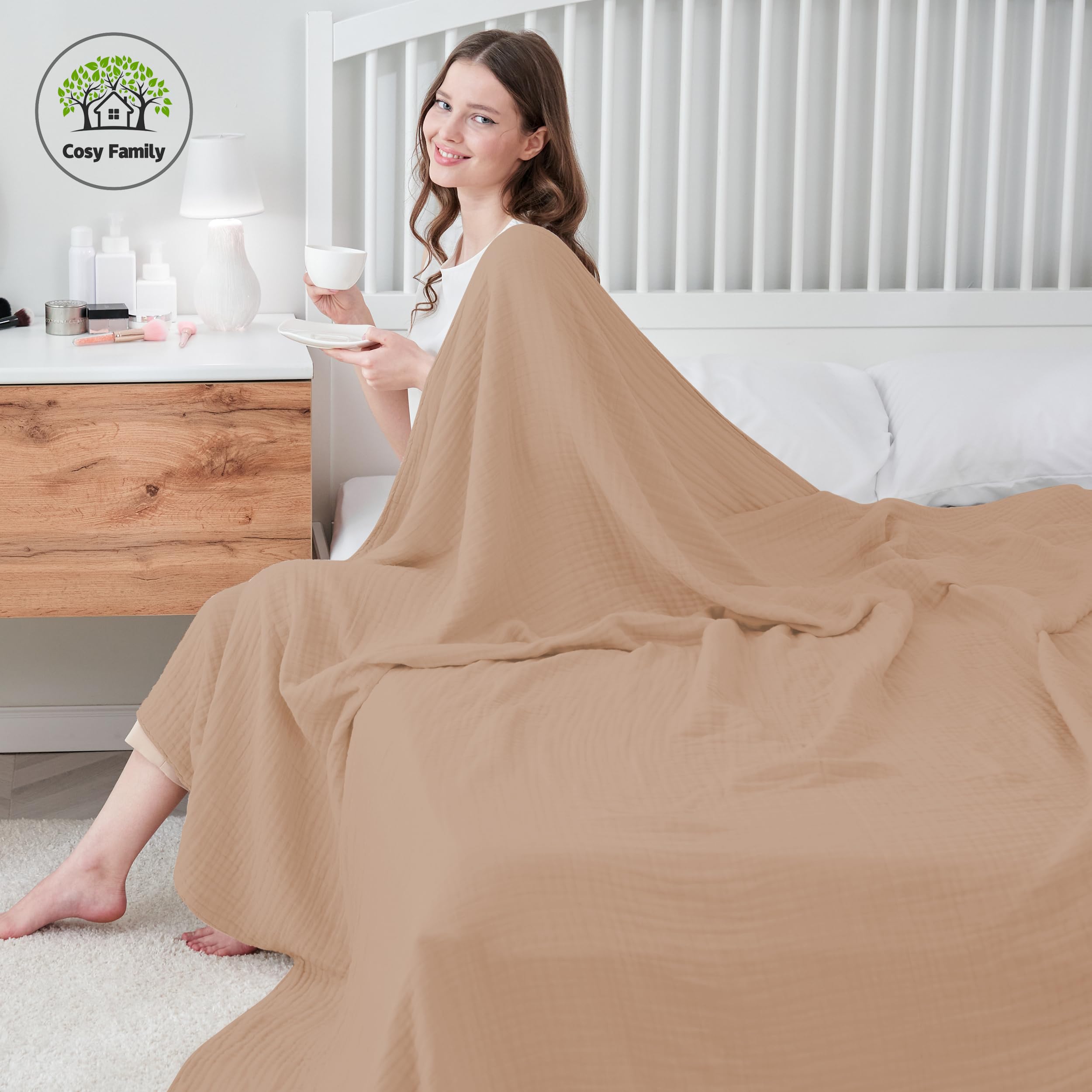 Cosy Family 4 Layer Muslin Bed Blanket - Breathable and Lightweight Gauze Boho Blanket for Spring, Soft 100% Cotton Muslin Blanket, Brown, 55x80 Inches