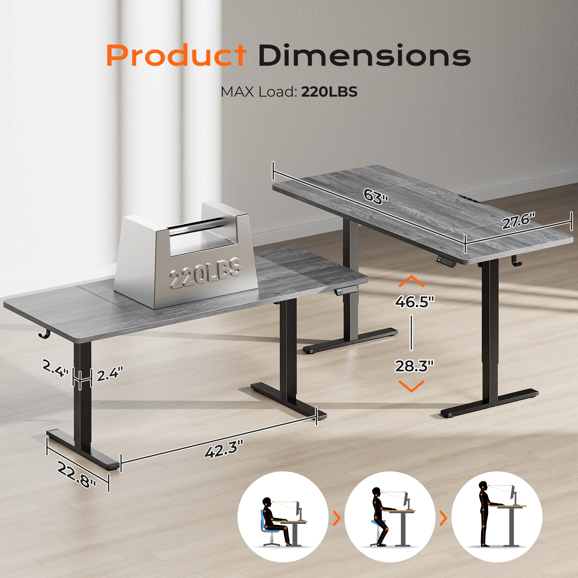 Huuger 48 x 28 Large Electric Standing Desk, Height Adjustable Desk, 27.6" Deep Desktop, Stand up Gaming, 2 Hooks, 3 Preset Heights, for Home Office, Black