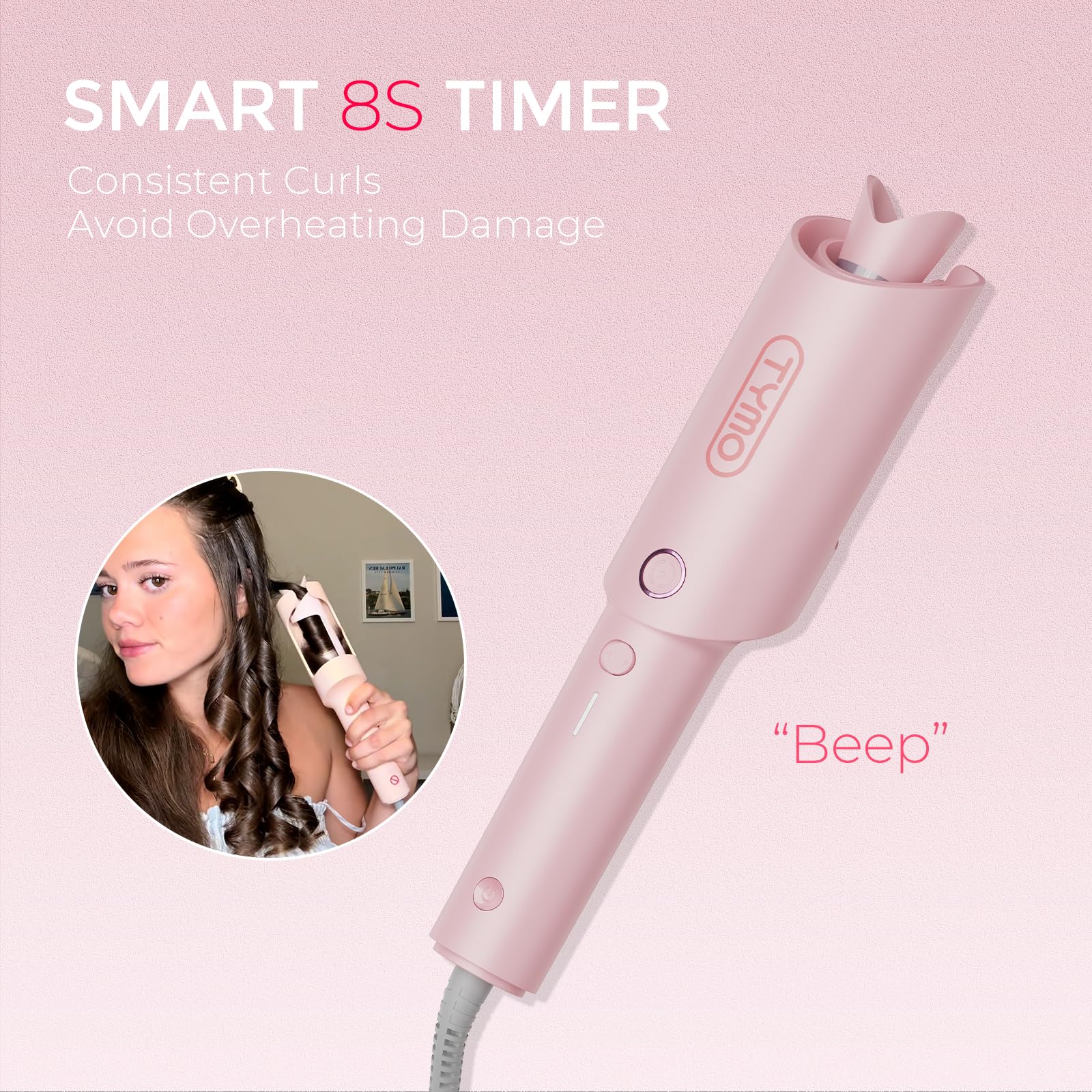TYMO Automatic Rotating Curling Iron - TYMO CURLPRO Beach Waves Curling Wand, Portable Hair Curler, 500 Million Ionic, Dual Voltage & Lightweight for Travel, Ceramic Coating, 1 Inch, Pink