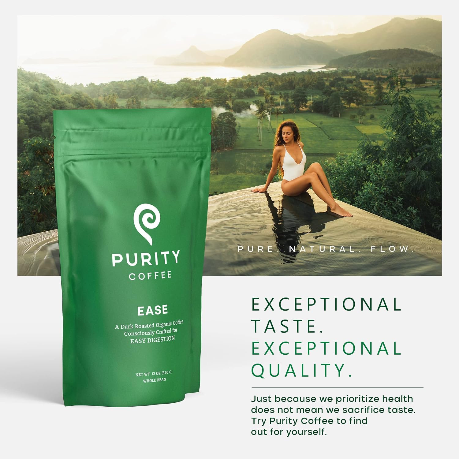 Purity Coffee EASE Low Acid Dark Roast Whole Bean (12oz Bag) | Specialty-Grade USDA Organic Arabica Blend | Third Party Tested for Mold, Mycotoxins & Pesticides