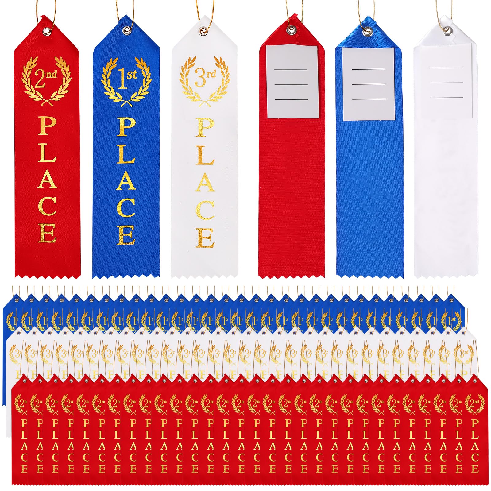 36PCS Award Ribbons, Medal Ribbons for 1st, 2nd, 3rd Place, Event Card & Rope Included, Perfect for Competitions, Sports Events, School Challenges, Vibrant Blue, Red, and White