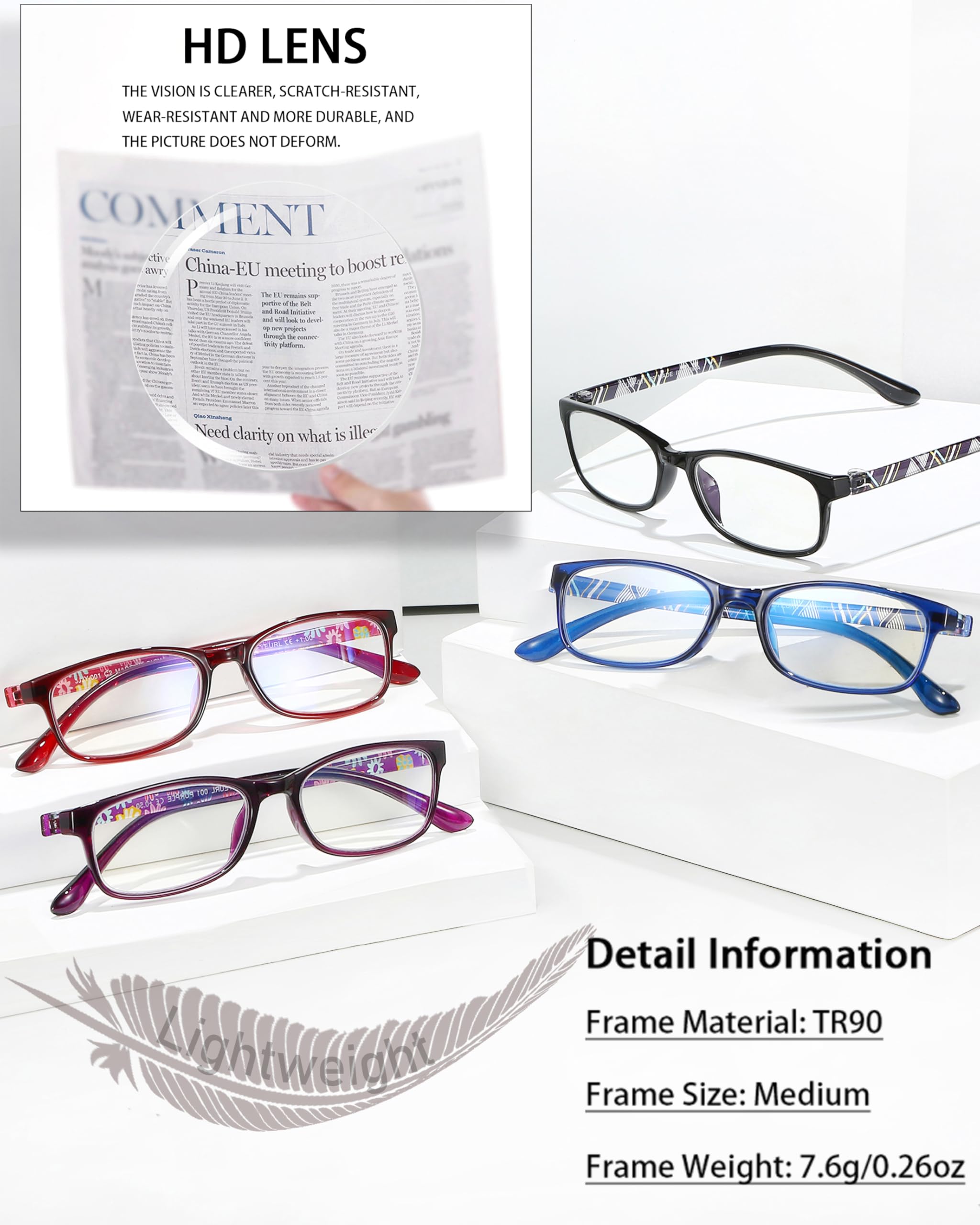EYEURL Reading Glasses for Women Men Blue Light Blocking, 0.00 Anti Eye Strain Computer Readers, TR90 Ultra Lightweight Rectangle Frame Eyeglasses