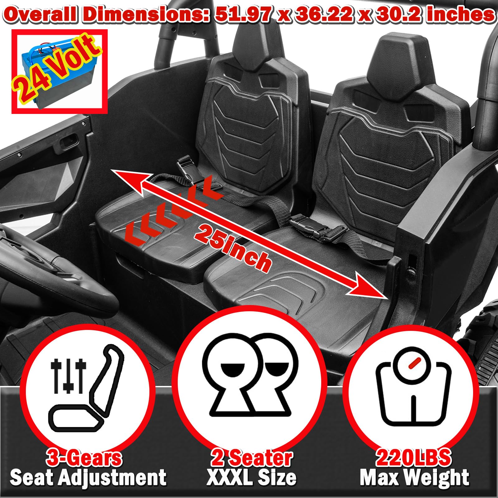 NEWQIDA XXXL 24V Ride On Toys for Big Kids UTV 2 Seater Electric Car w/Remote Control, 4WD Off-Road Side by Side, Max 220lbs, 24.8" Spacious Seat, EVA Tires, Up to 5.6 MPH, Rear Shock Absorbor, Black