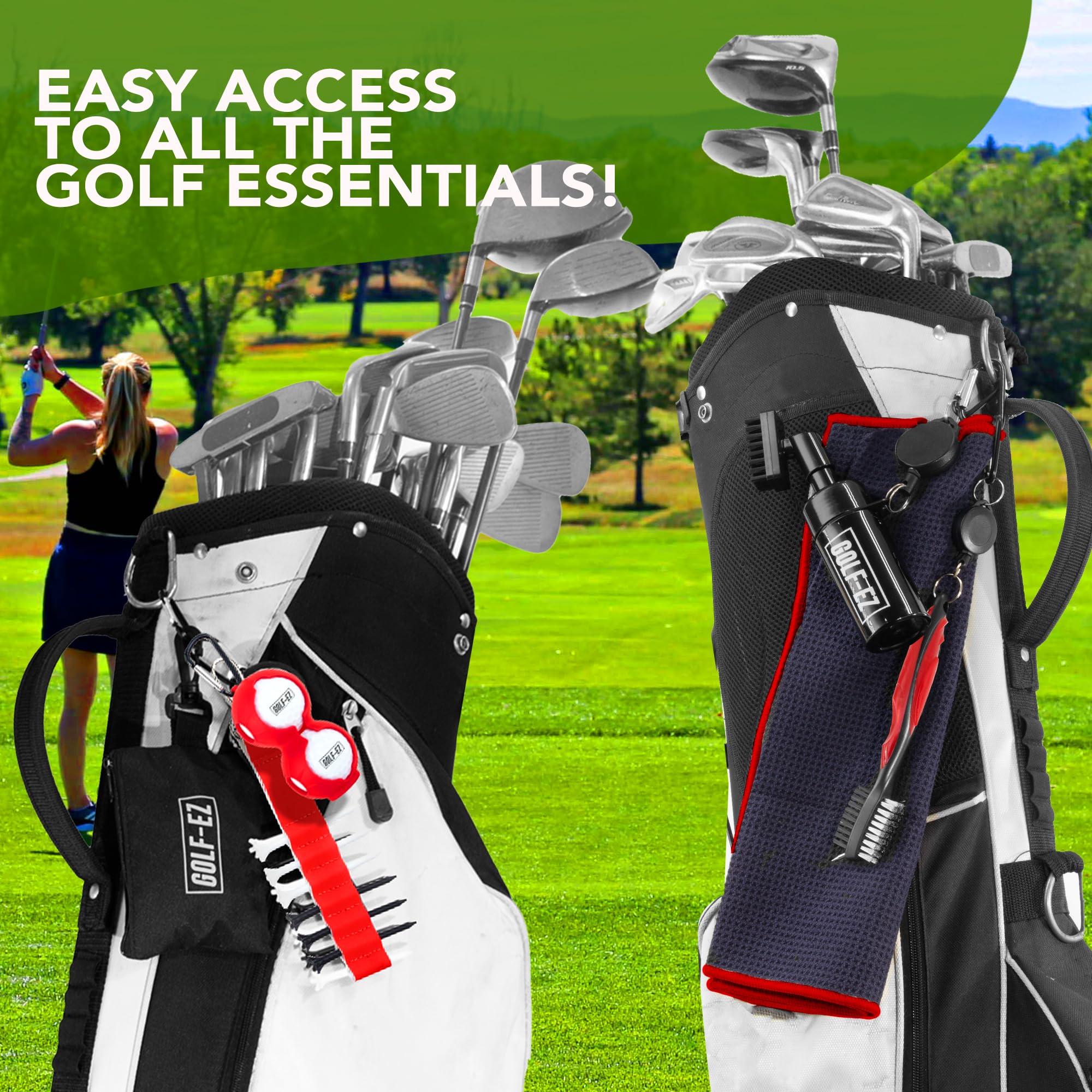 Golf Essentials Kit | Must-Have Accessories – Water Brush, Towel, Club Brush, Ball Marker, Divot Repair Tool, Ball & Tee Holder, Golf Gifts for Men & Women
