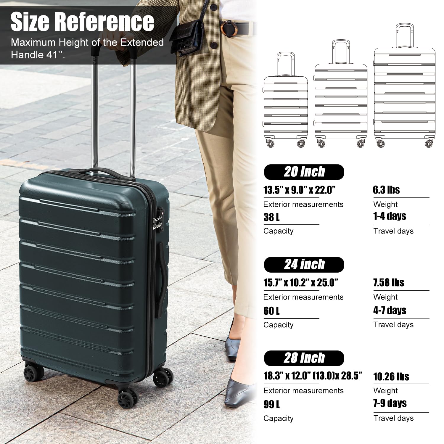 Coolife Luggage Suitcase Carry-on Spinner TSA Lock USB Port Expandable (only 28’’) Lightweight Hardside Luggage (Teal Blue, S(20in_carry on))
