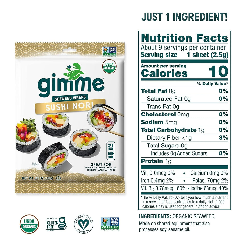 Gimme Seaweed Sushi Nori Premium Organic Roasted Seaweed Sheets, Keto, Vegan, Gluten-Free, Restaurant-style Sushi Nori Sheets 0.81 Ounce (Pack of 1)