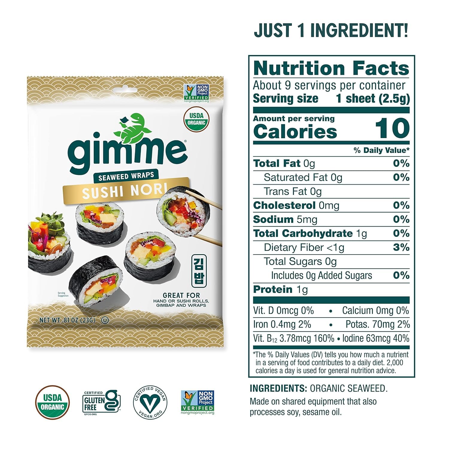 Gimme Seaweed Sushi Nori Premium Organic Roasted Seaweed Sheets, Keto, Vegan, Gluten-Free, Restaurant-style Sushi Nori Sheets 0.81 Ounce (Pack of 1)
