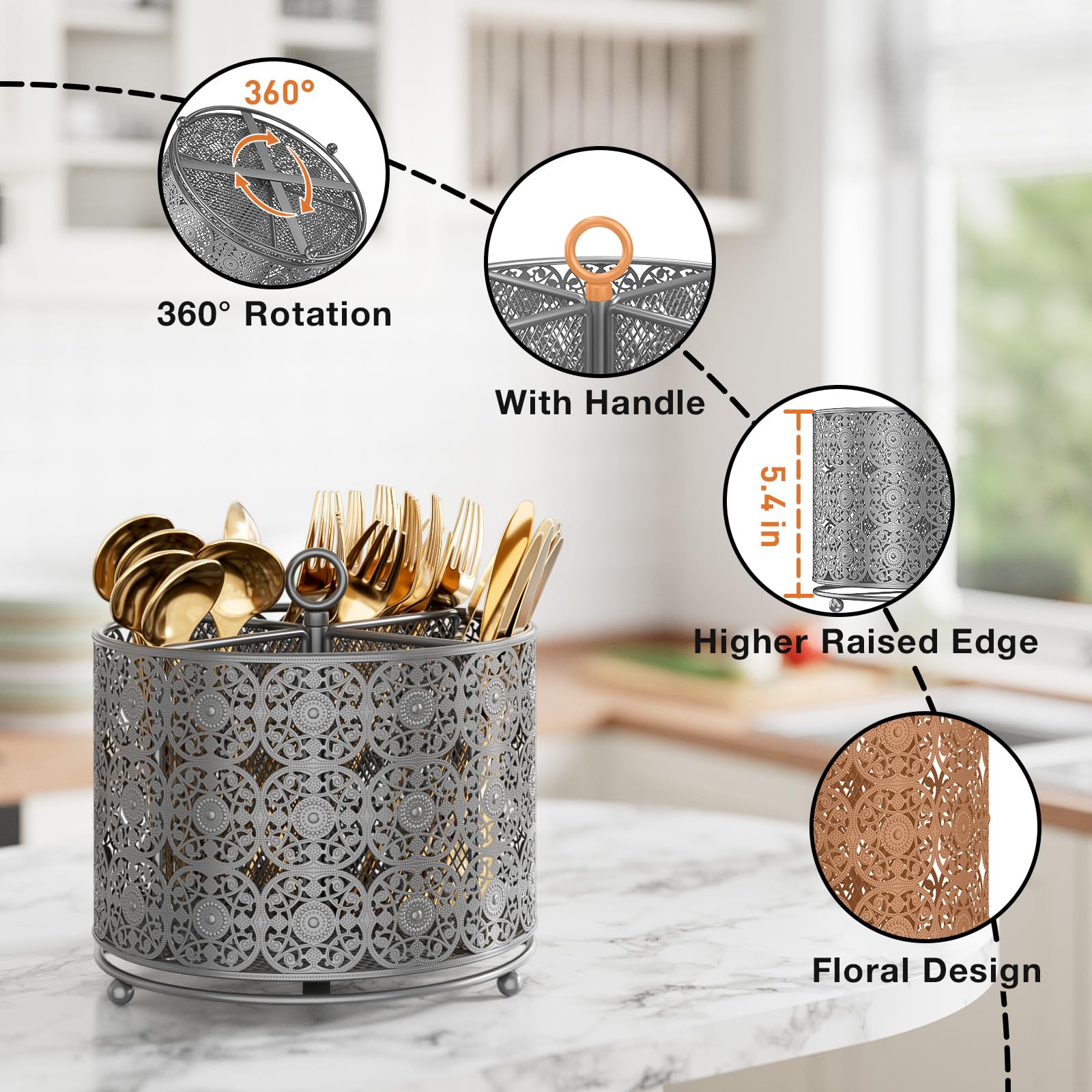 YIUKEA 360° Rotating Utensil Caddy Countertop - Cutlery Silverware Caddy Holder with 4 Compartment - Higher Raised Flatware Organizer with Handle for Party Kitchen Counter Office Black
