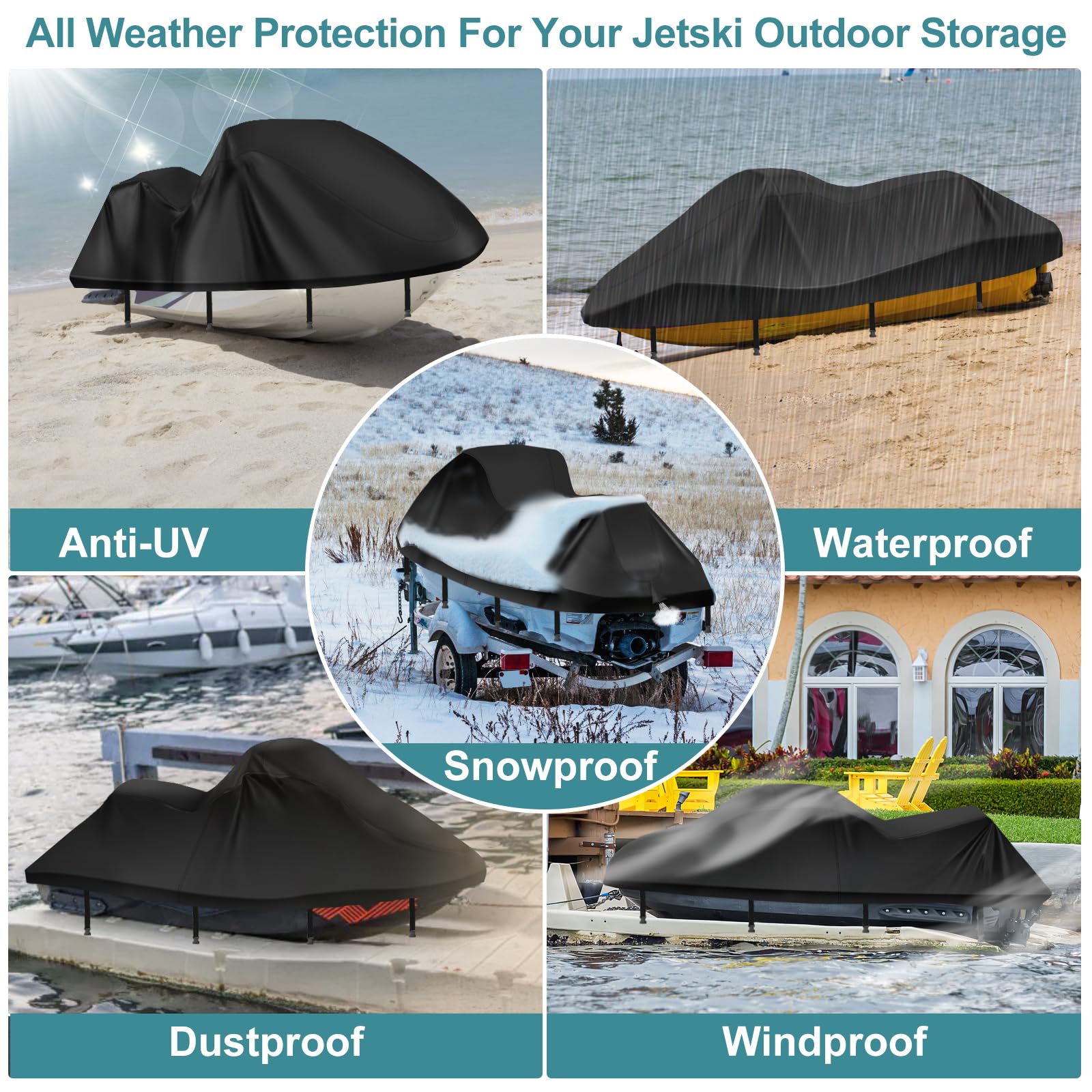 Jet Ski Cover,Heavy Duty 900D Oxford Jetski Cover 2 3 Seater with 2 Air Vents，4 Windproof Buckles，Easy On，Jetski Cover Waterproof for Seadoo Spark,Yamaha,All Weather Protection(Black, XL:115"-120")