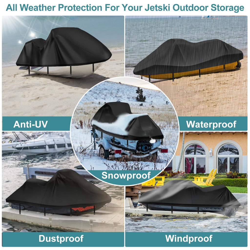 Jet Ski Cover,Heavy Duty 900D Oxford Jetski Cover 2 3 Seater with 2 Air Vents，4 Windproof Buckles，Easy On，Jetski Cover Waterproof for Seadoo Spark,Yamaha,All Weather Protection(Black, XL:115"-120")
