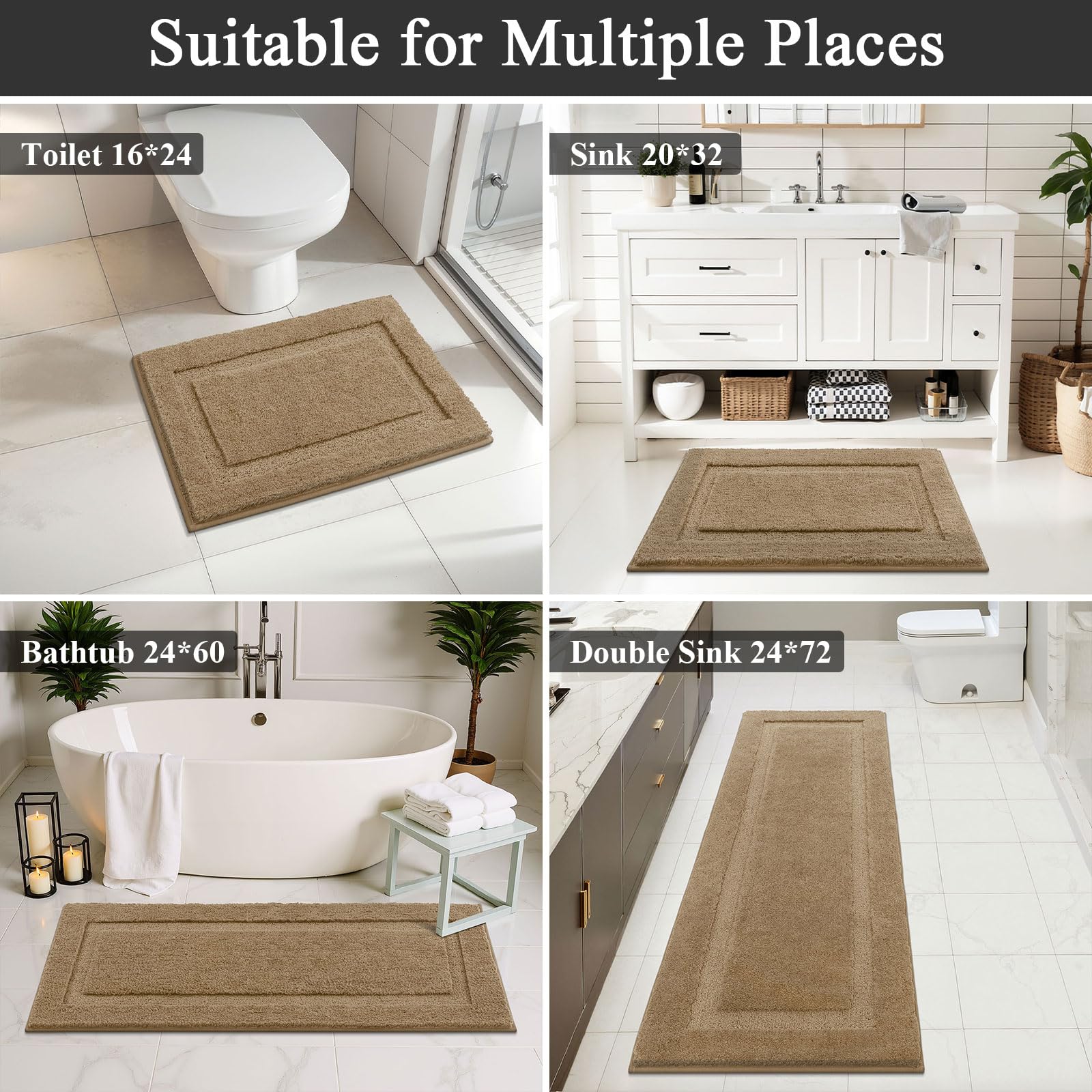 SHACOS Black Bathroom Rugs Sets 3 Piece, 16"x24" + 20"x32" Non Slip Bath Mat and 20"x24" Toilet Rugs U Shaped Washable, Soft Fluffy Water Absorbent Bath Rugs for Bathroom