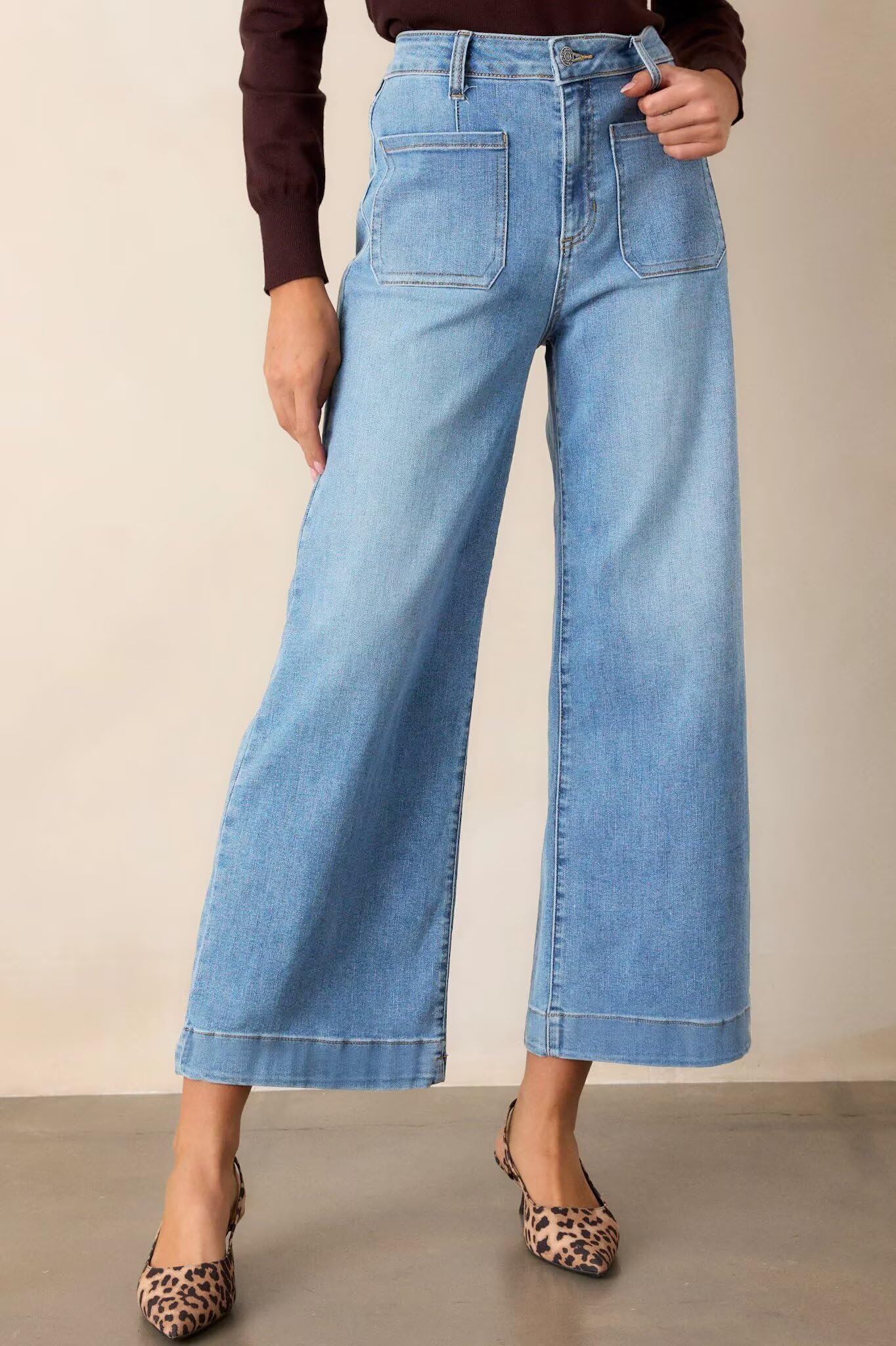 Allimy Women's High Waisted Cropped Wide Leg Jeans Stretchy Loose Denim Pants with Front Patch Pockets