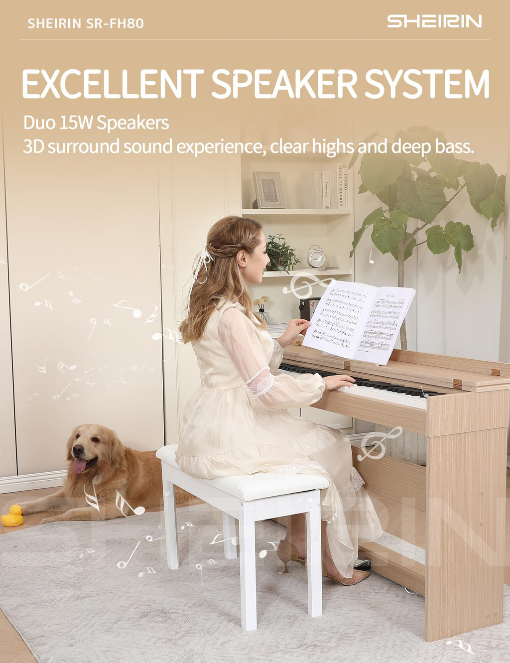 Digital Piano Hammer Action Keyboard 88 Keys Upright Acoustic Electric Weighted Piano Beginner MIDI Cover Full Size Sustain Pedal Stand Real Professional SR-FH80 (Beige Full Cover)