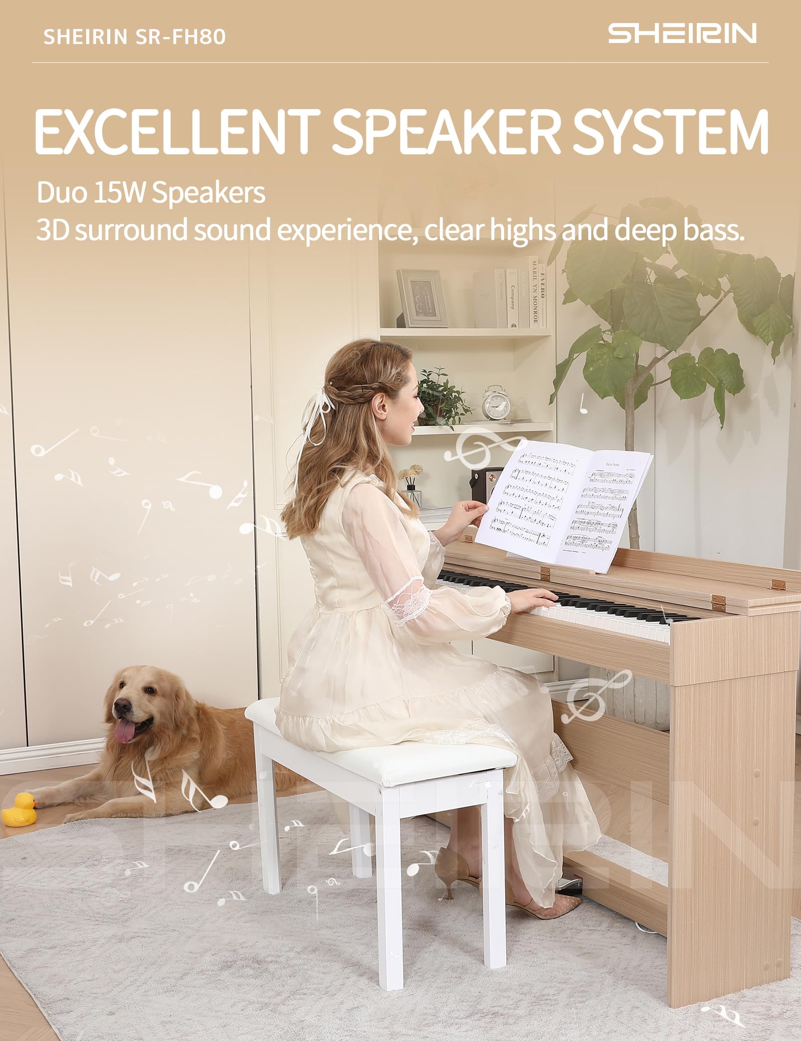 Digital Piano Hammer Action Keyboard 88 Keys Upright Acoustic Electric Weighted Piano Beginner MIDI Cover Full Size Sustain Pedal Stand Real Professional SR-FH80 (Beige Full Cover)
