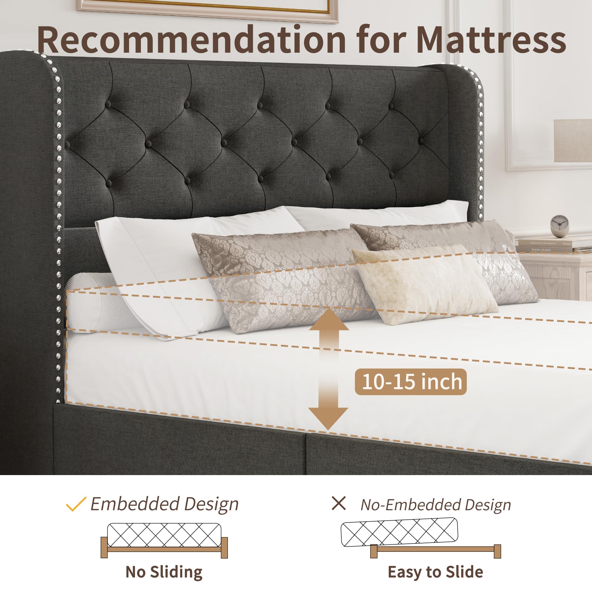 BRELTAM Full Size Bed Frame with Storage Drawers and Wingback Headboard Linen Upholstered Platform Bed Frame Tufted Beds with Heavy Duty Wood Slats, Noise Free, Easy Assembly, Beige