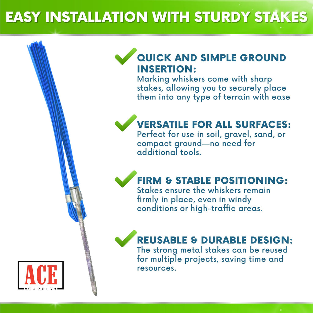 Blue Marking Whiskers With Stakes - 25 Pack - Durable Marking Whisker Set - Use Survey Whiskers As Ground Markers, Construction Markers, Or Trail Markers
