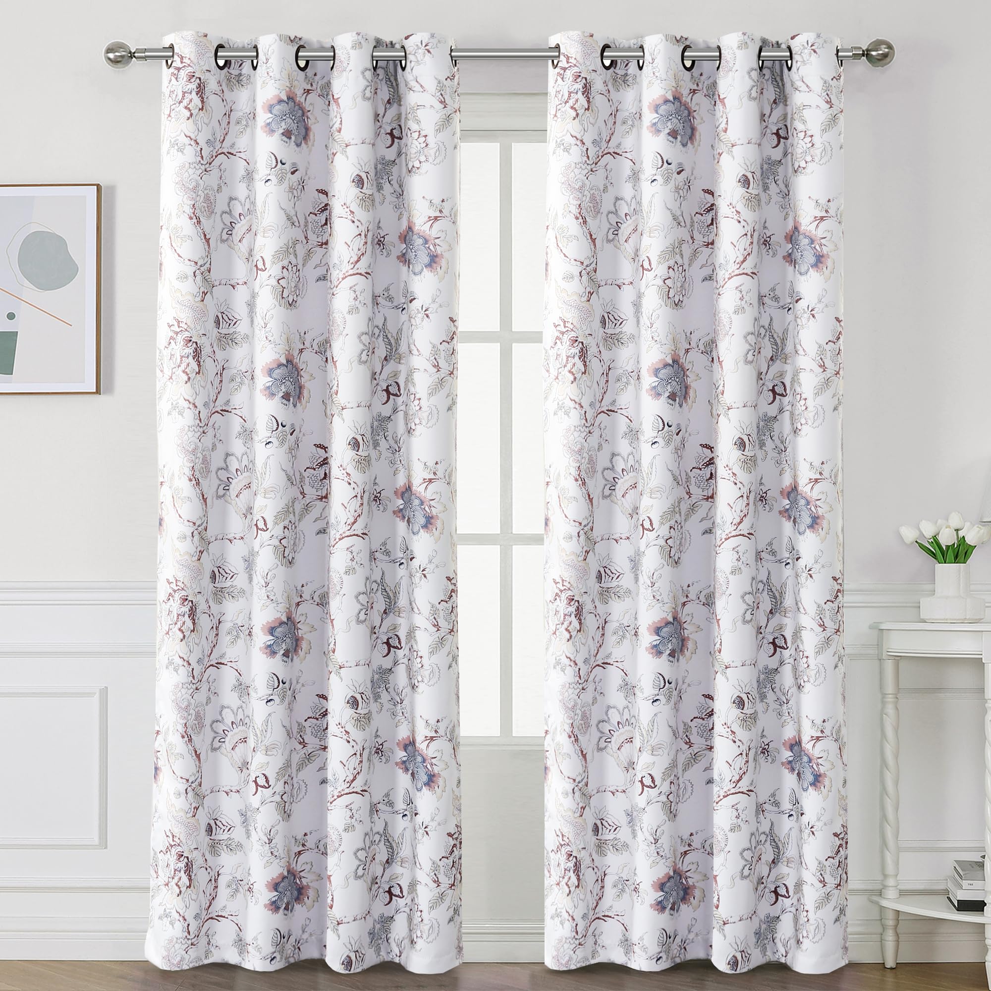 H.VERSAILTEX Blackout Curtains 63 Inch Length 2 Panels Set Floral Print Curtain Drapes for Living Room Thermal Insulated Grommet Window Curtains for Bedroom - Traditional Floral in Antique Green