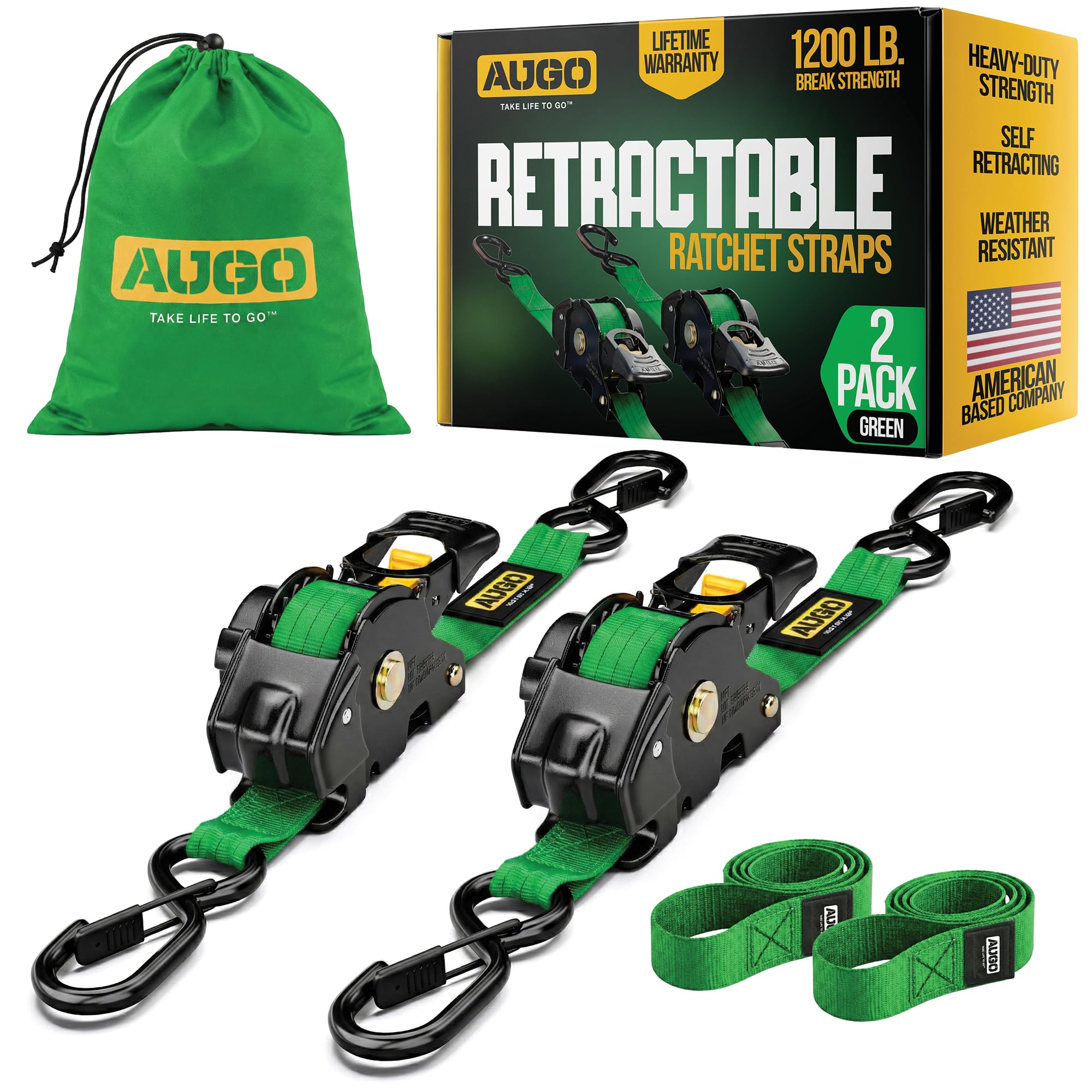 AUGO Retractable Ratchet Straps | 2 Heavy Duty Ratchet Straps Self Retractable Tie Downs with Soft Loops & Storage Bag for Motorcycle, Truck, Trailer, Cargo Van | 1200 Lb Break Strength 1” x 10’