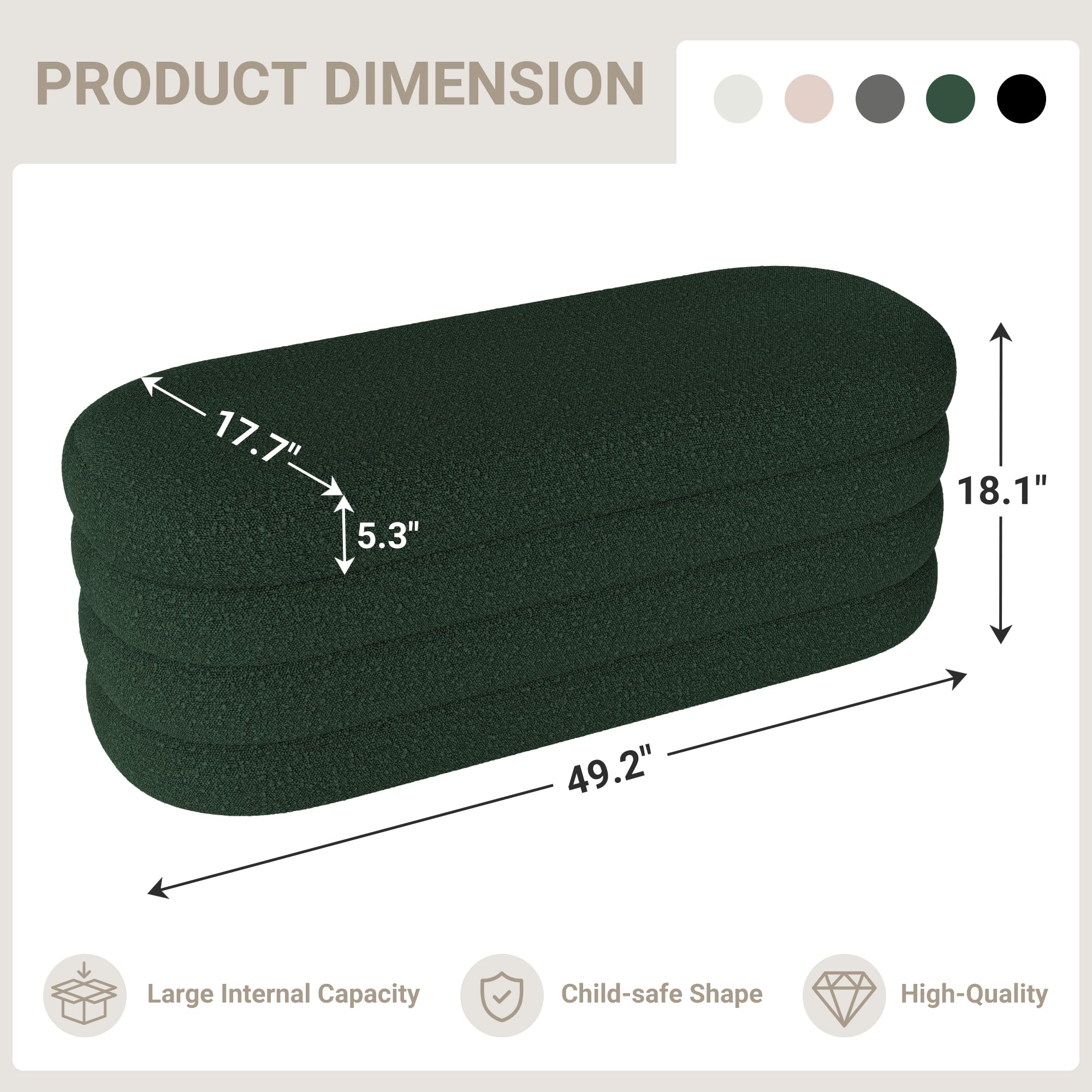 Busaurus Storage Ottoman Bench 49.2 Inch Upholstered Fabric Storage Bench for Bedroom End of Bed Aesthetic Large Oval Ottoman for Living Room Entryway (Black)