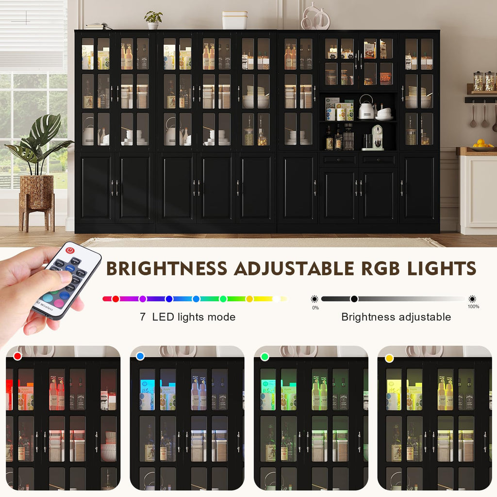 MEISSALIVVE Kitchen Pantry Storage Cabinet with LED Lights, 78.7" Tall with Glass Doors & Drawers, Freestanding Utility Cabinet, Black (31.5" W x 15.7" D)