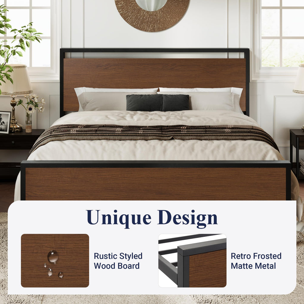 Allewie Twin Size Platform Bed Frame with Wooden Headboard and Footboard, Heavy Duty Metal Slats Support, No Box Spring Needed, Under-Bed Storage, Noise Free, Easy Assembly, Black Oak