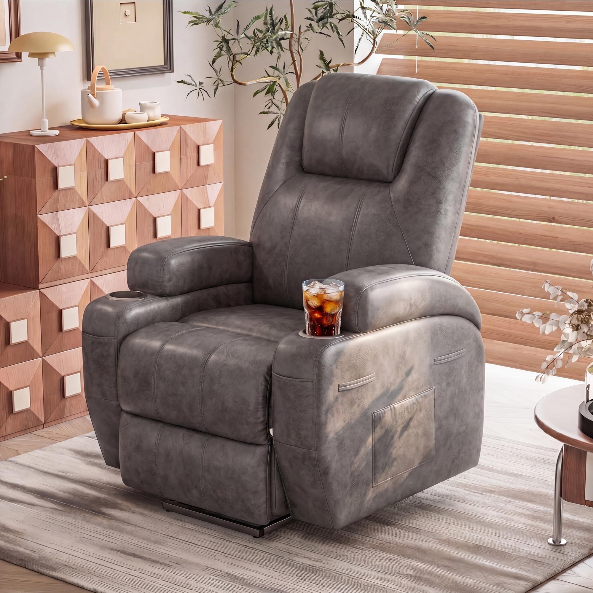 Furmax Electric Power Lift Recliner Chair with Massage for Elderly Corduroy Fabric Recliner Single Sofa with Cup Holders, Side Pockets and Remote Control for Living Room Bedroom (Leathaire, Brown)