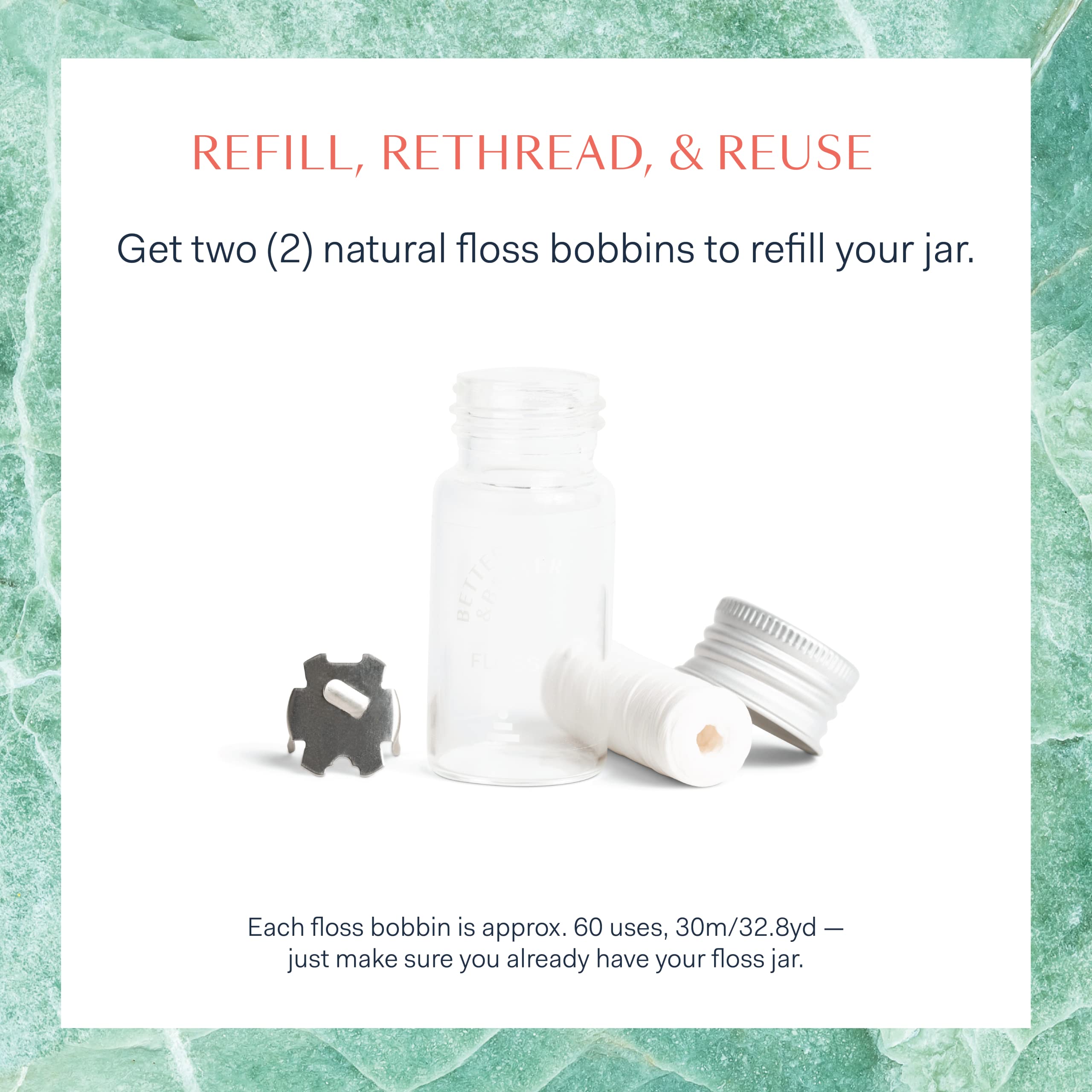 Better & Better Natural Floss in Refillable Glass Jar | Waxed & Zero Plastic Oral Care - 100% Plant-Based, Vegan, Eco and Non Toxic Dental Floss, 1 Spool