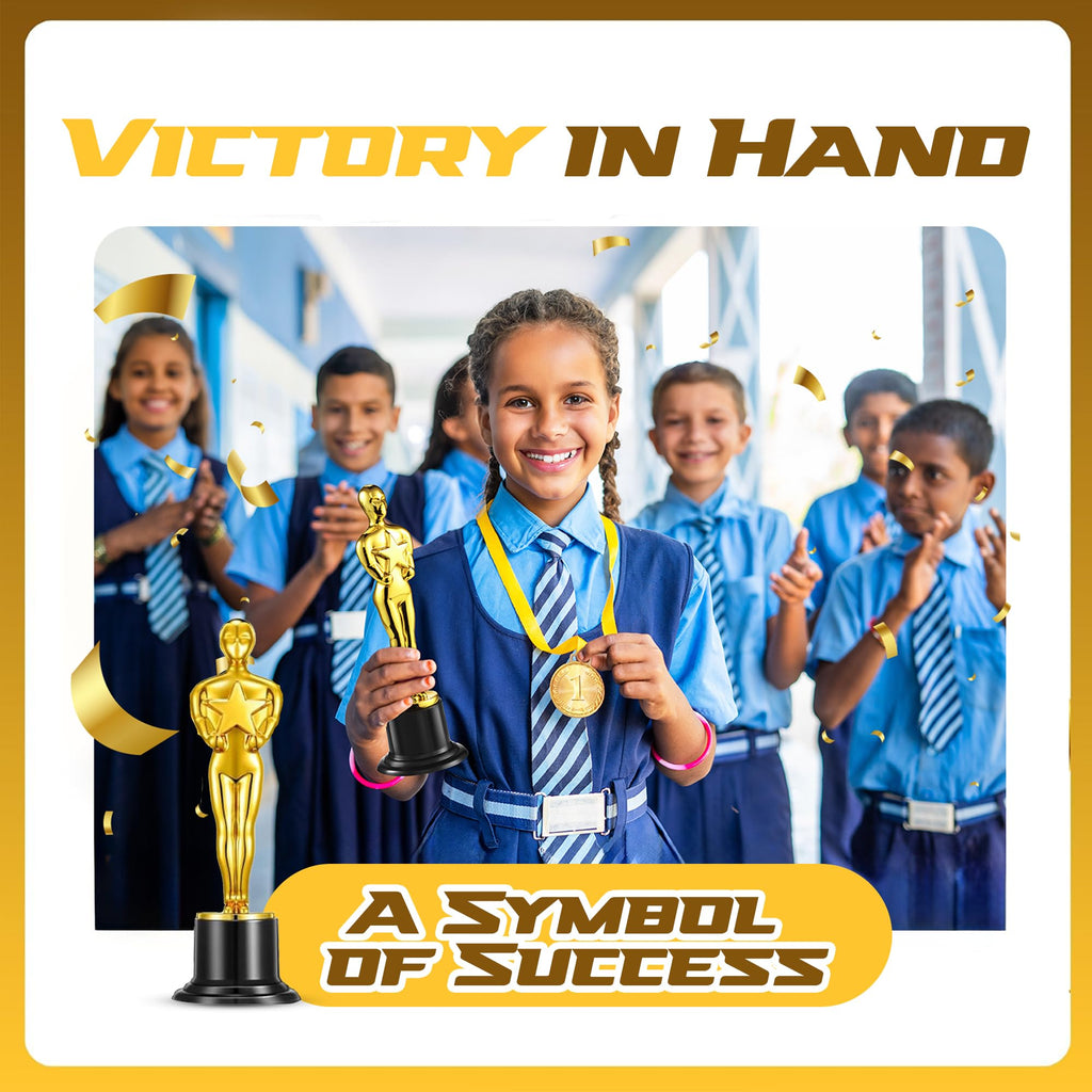 Bedwina Gold Trophy Award Mini Trophies Bulk - (Pack of 12) 6 Inch Tall Plastic Golden Statue Award, Party Themed Decorations, Winners or Appreciation Gifts Game Prizes for Adults & Kids