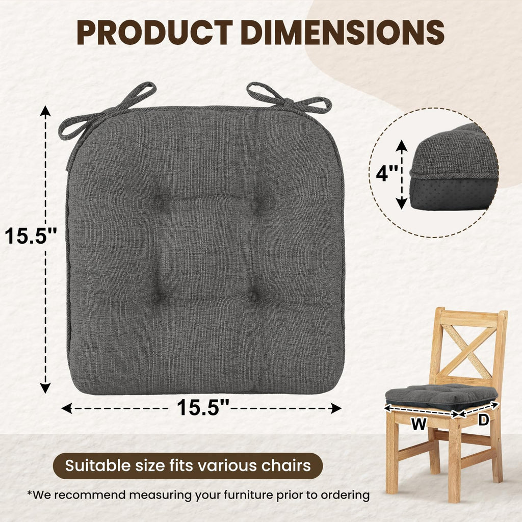 downluxe Indoor Chair Cushions for Dining Chairs, Tufted Overstuffed Textured Kitchen Chair Pads with Ties and Non-Slip Backing, 15.5" x 15.5" x 4", Aqua Blue, 4 Pack