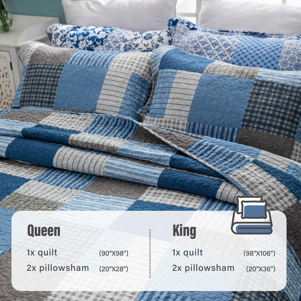Y-PLWOMEN 100% Cotton Farmhouse Plaid Lightweight 3-Pieces Quilt Set (Blue Brown, Queen90 * 98 Inch)