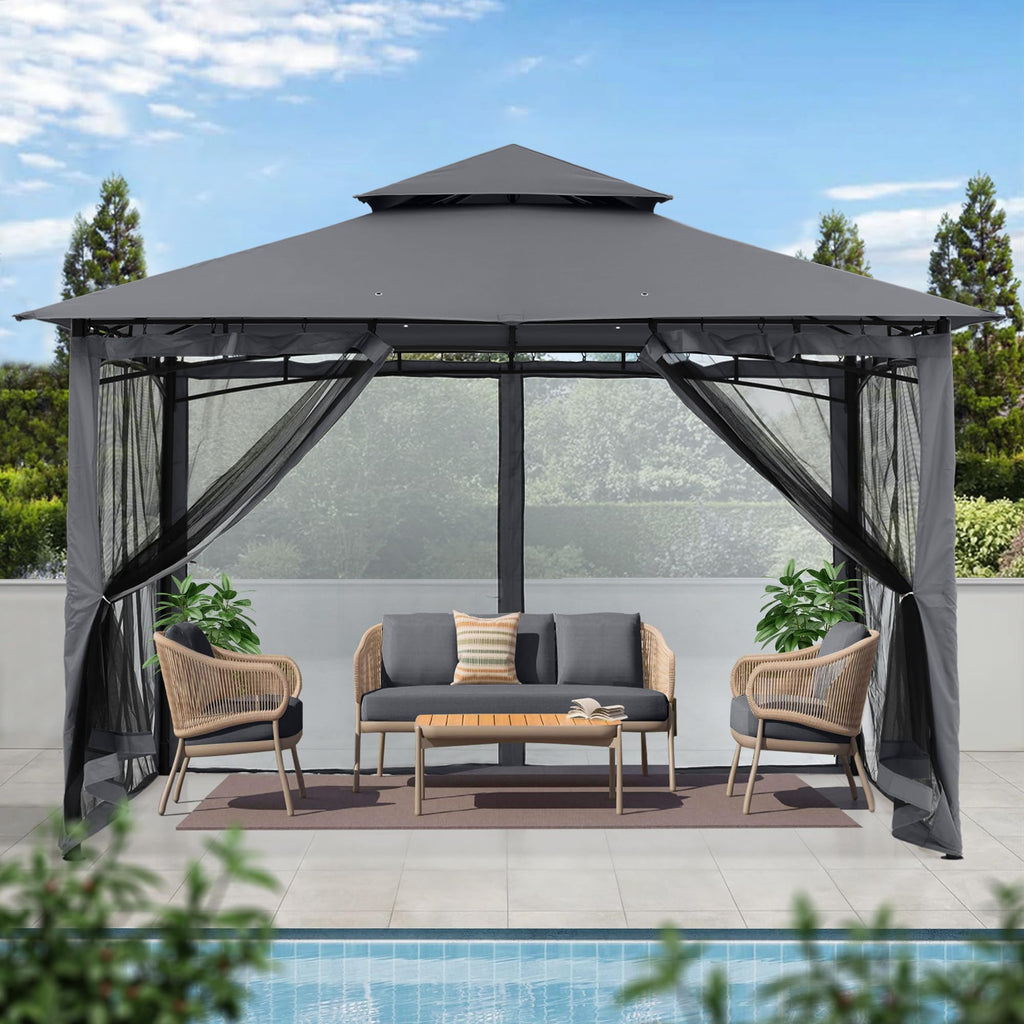 MASTERCANOPY Outdoor Garden Gazebo for Patios with Stable Steel Frame and Netting Walls (9x9,Beige)