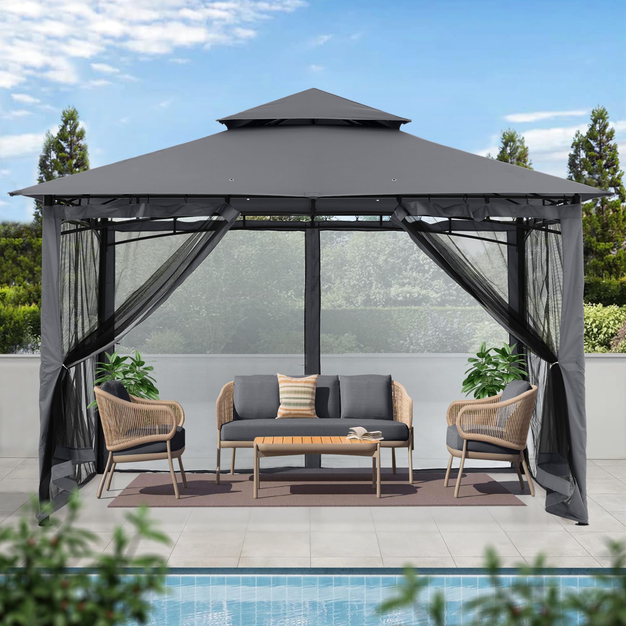 MASTERCANOPY Outdoor Garden Gazebo for Patios with Stable Steel Frame and Netting Walls (9x9,Beige)
